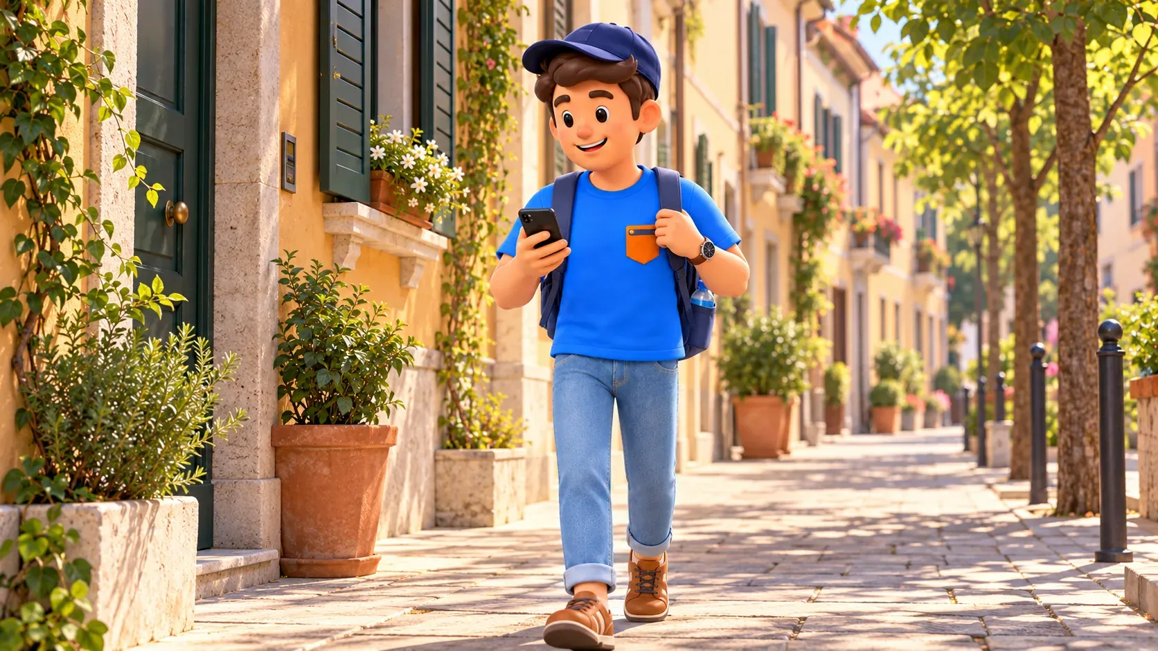 RoadMe character checking a phone while walking along a city pavement