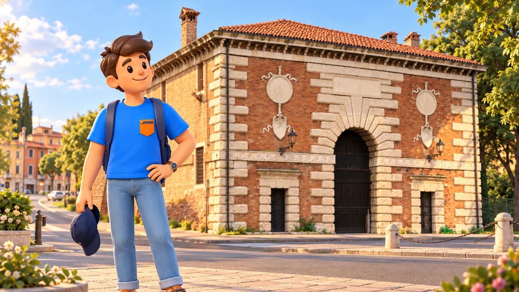 RoadMe character holding a cap beside the brick Porta San Zeno