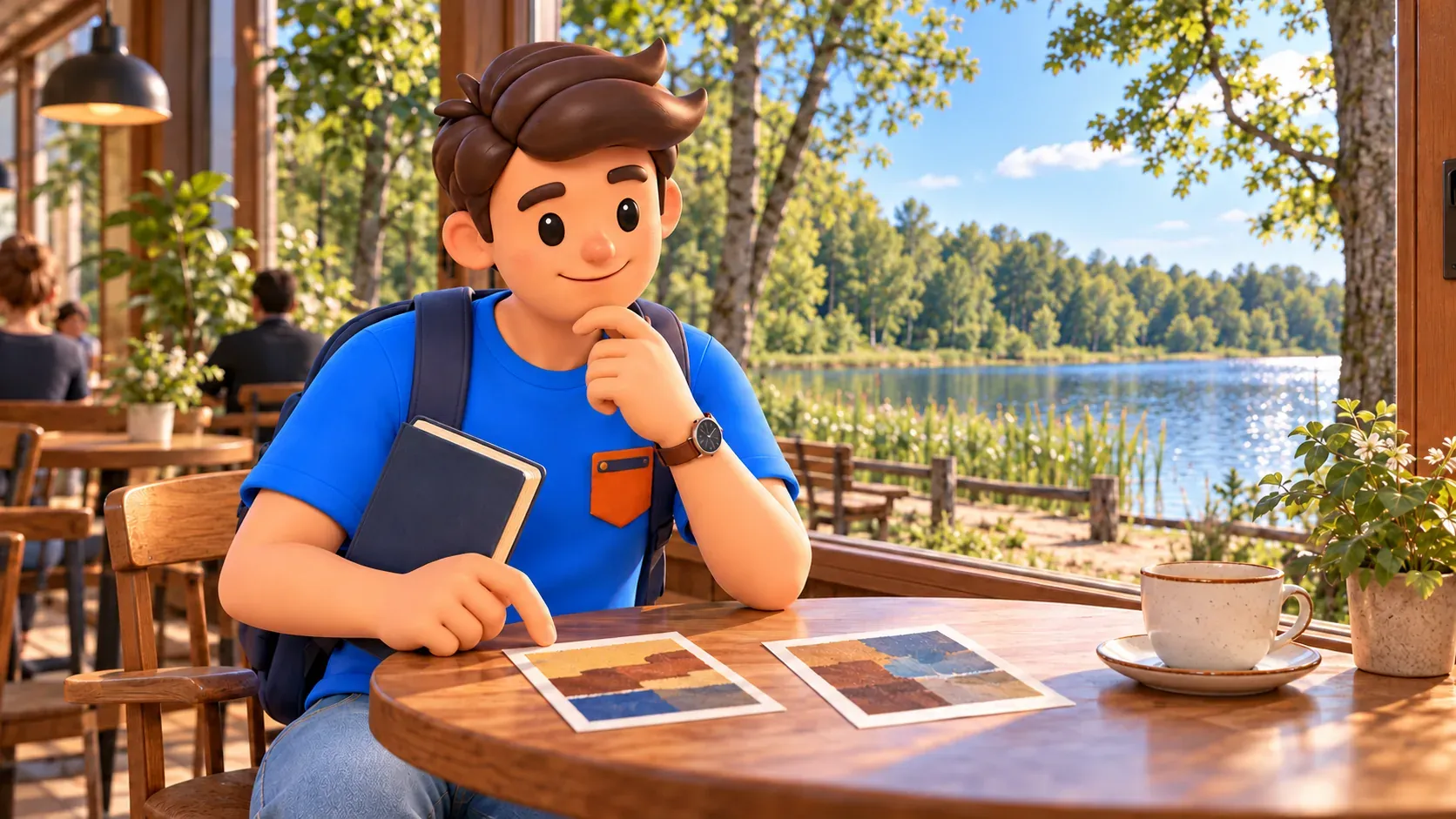 Illustration of a traveller examining imagined colour studies at a café table.