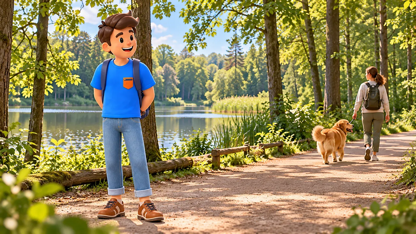 Illustration of a traveller keeping distance from a dog and its owner on a woodland path.