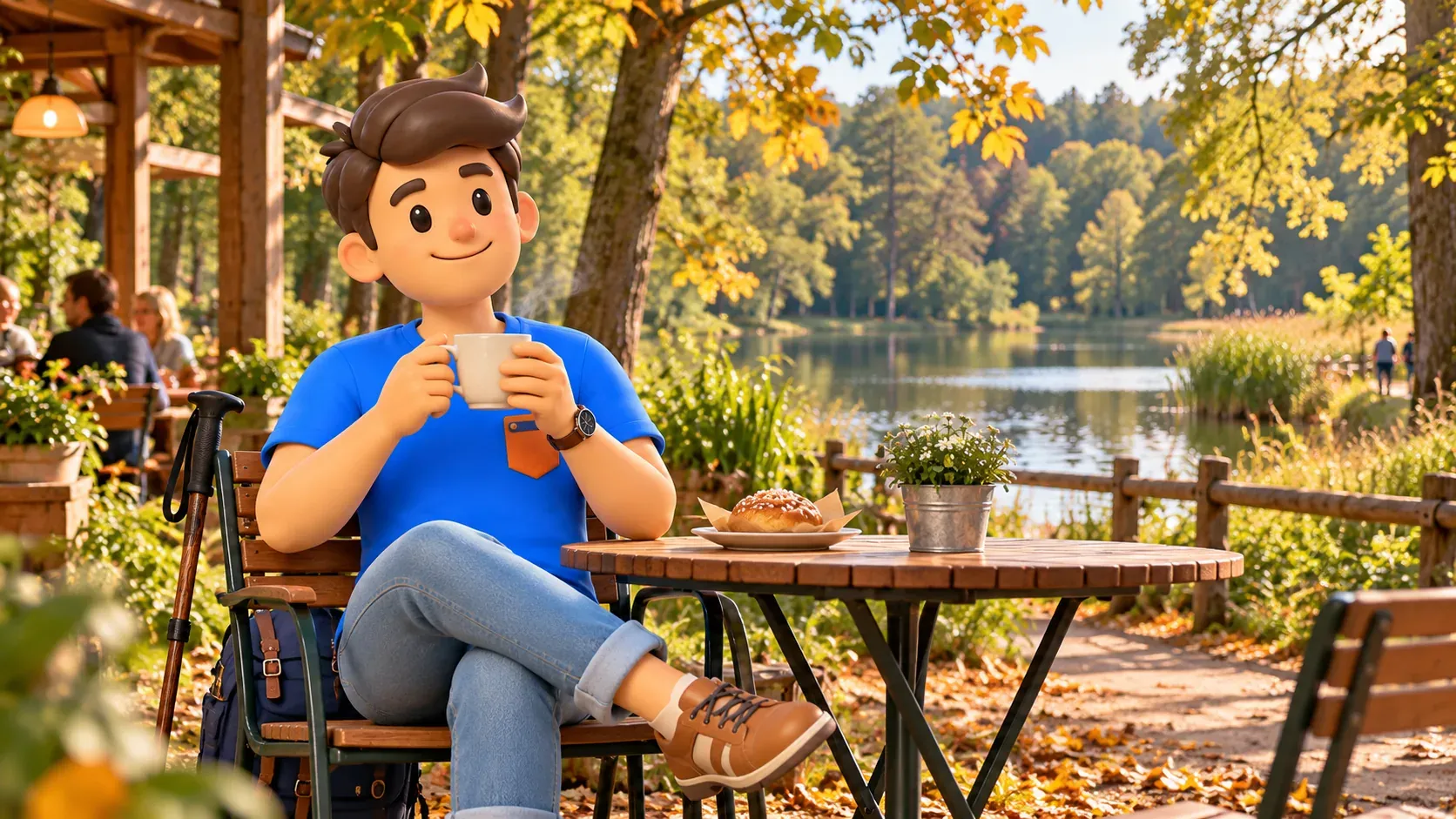 Illustration of a traveller resting with a warm mug on a woodland café terrace.