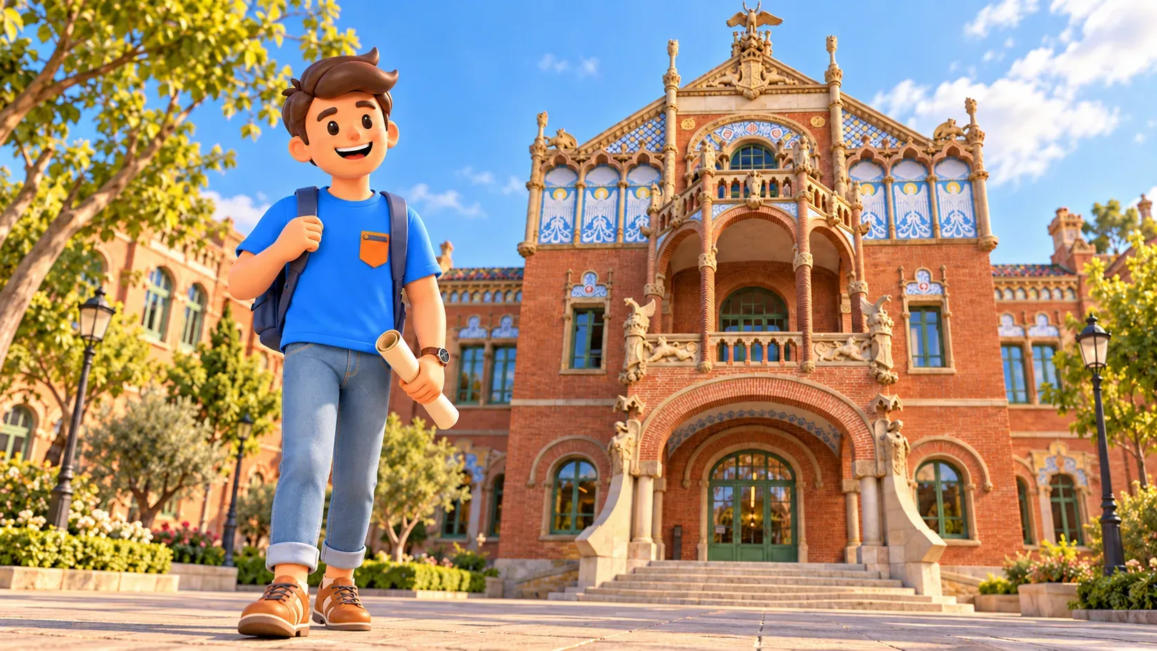 Illustration of a traveller with rolled paper before a red-brick Sant Pau pavilion with blue-and-white ceramics.