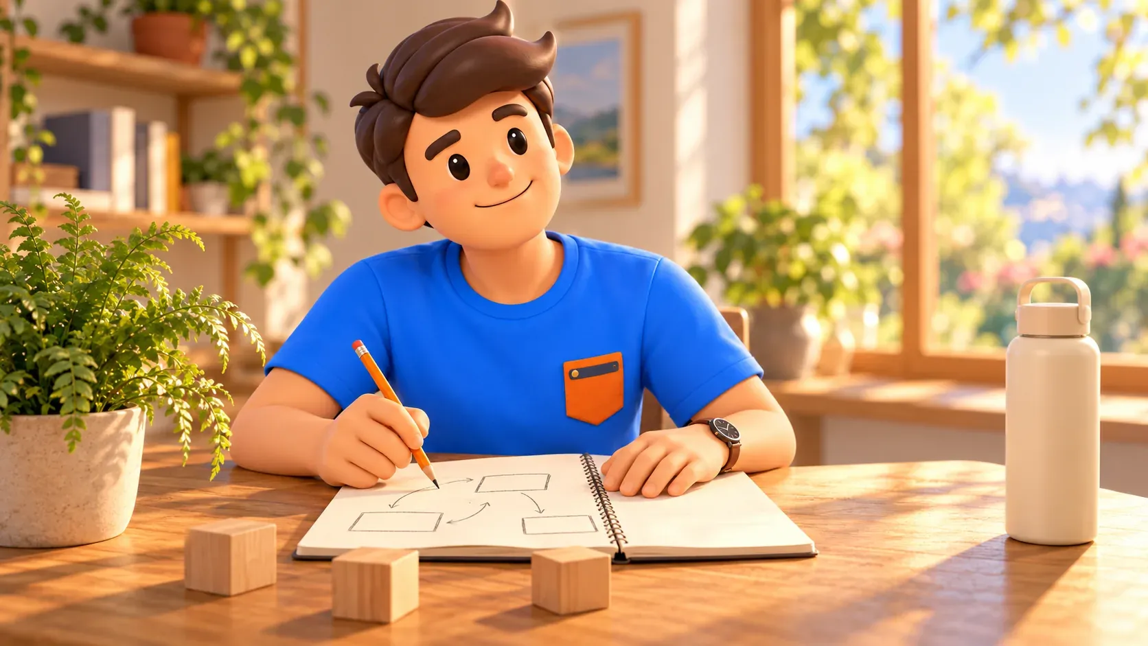 Illustration of a traveller at a desk with a conceptual drawing of separate buildings, three wooden blocks and a fern.