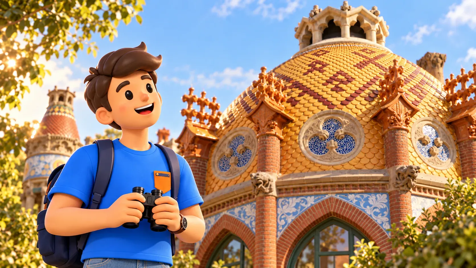 Illustration of a traveller with lowered binoculars before Sant Pau’s coloured tiles and ceramic details.