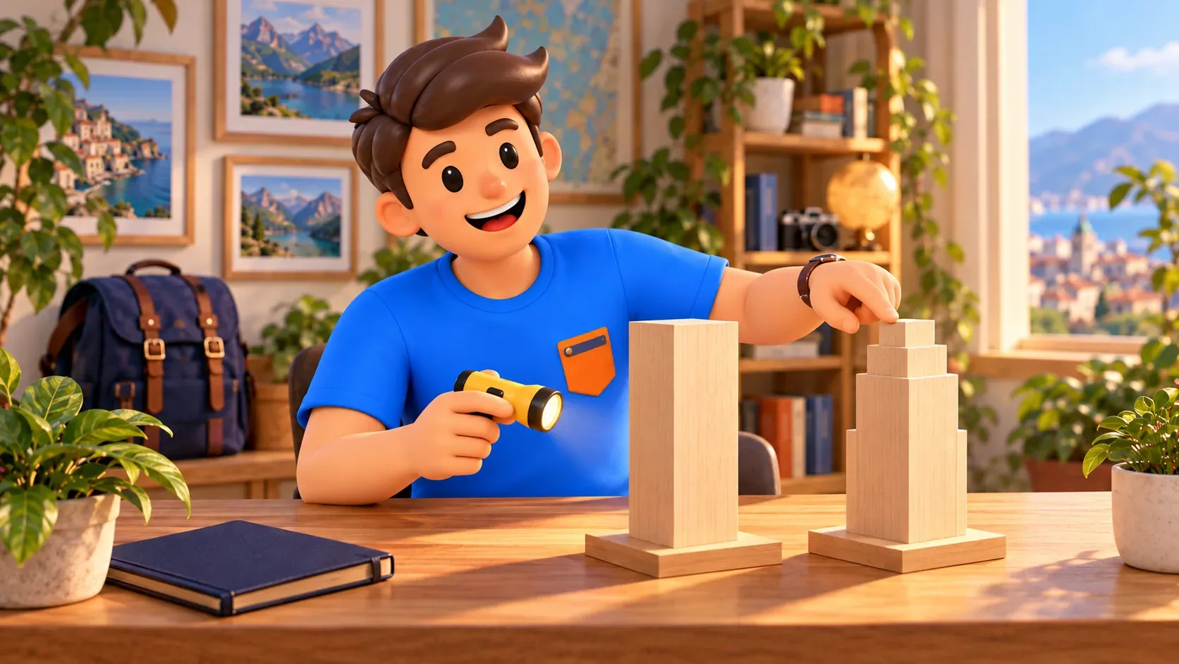 Konzeptionelle Illustration eines Reisenden mit eigenen Holzmodellen in einer gedachten Heimwerkstatt.