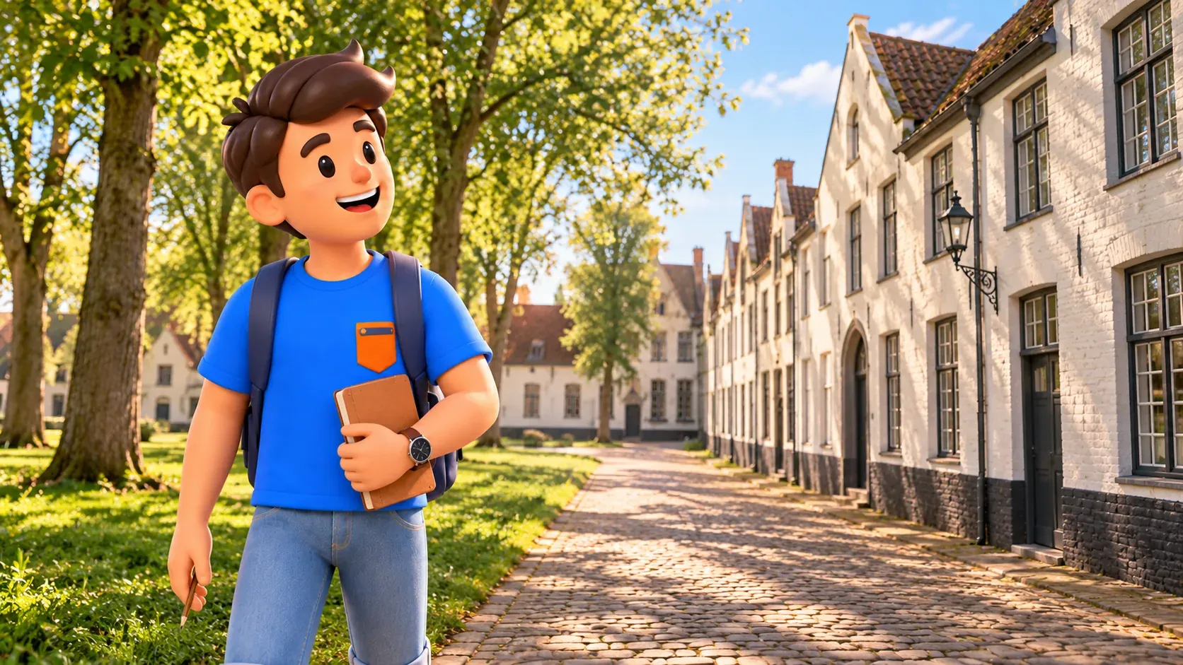 Personnage avec crayon observant les maisons blanches habitées du béguinage