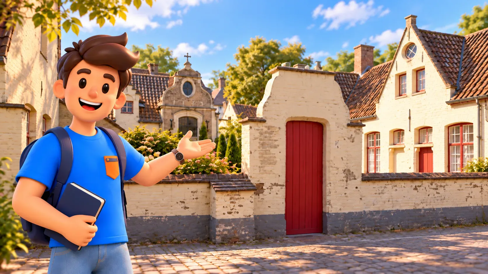 Personnage avec livre montrant les maisons-dieu De Vos depuis la rue