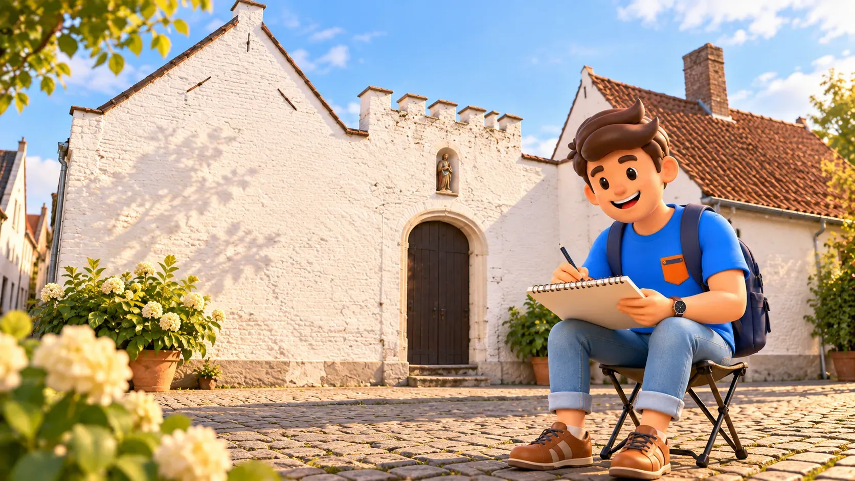 Personnage dessinant devant la façade blanche des maisons-dieu Sint-Jozef