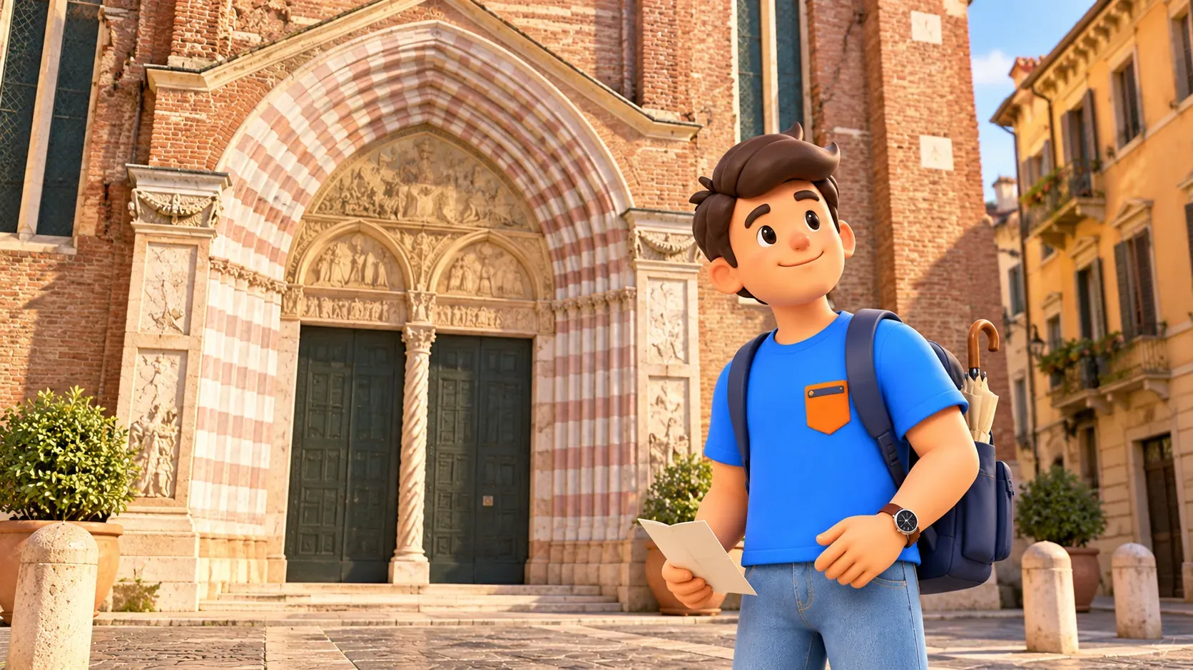 Personaje de RoadMe con folleto junto al portal a franjas de Santa Anastasia