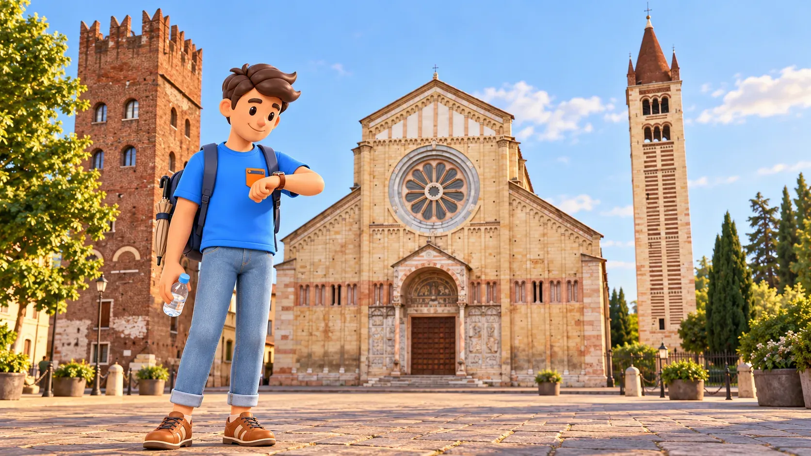 Personaje de RoadMe mirando el reloj ante la basílica de San Zeno