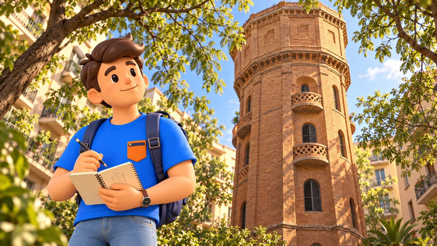 Illustration d’un voyageur avec carnet et crayon devant le château d’eau de l’Eixample dans un intérieur d’îlot.