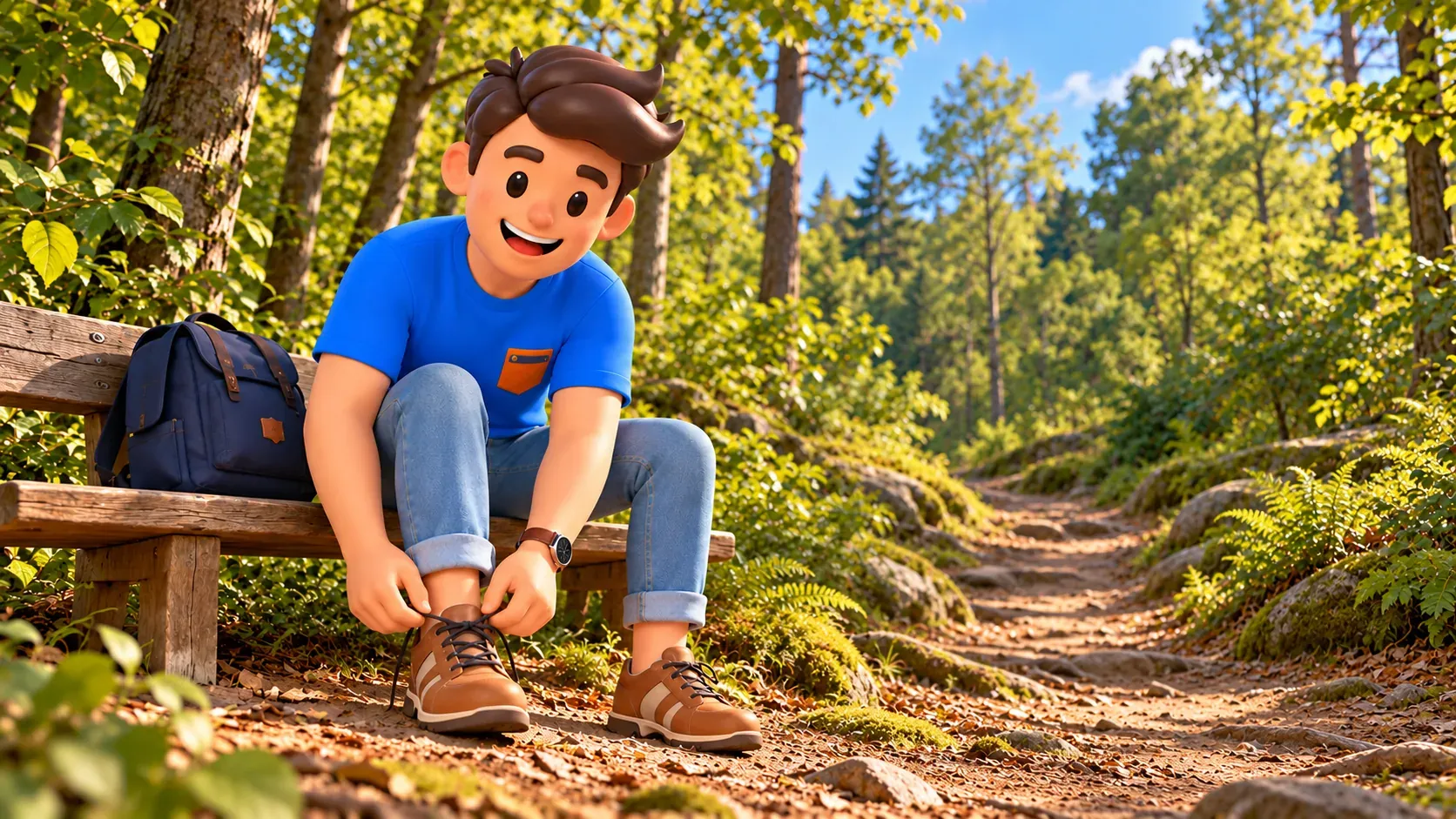 Ilustración de un viajero atándose los cordones en un banco junto a un camino forestal.