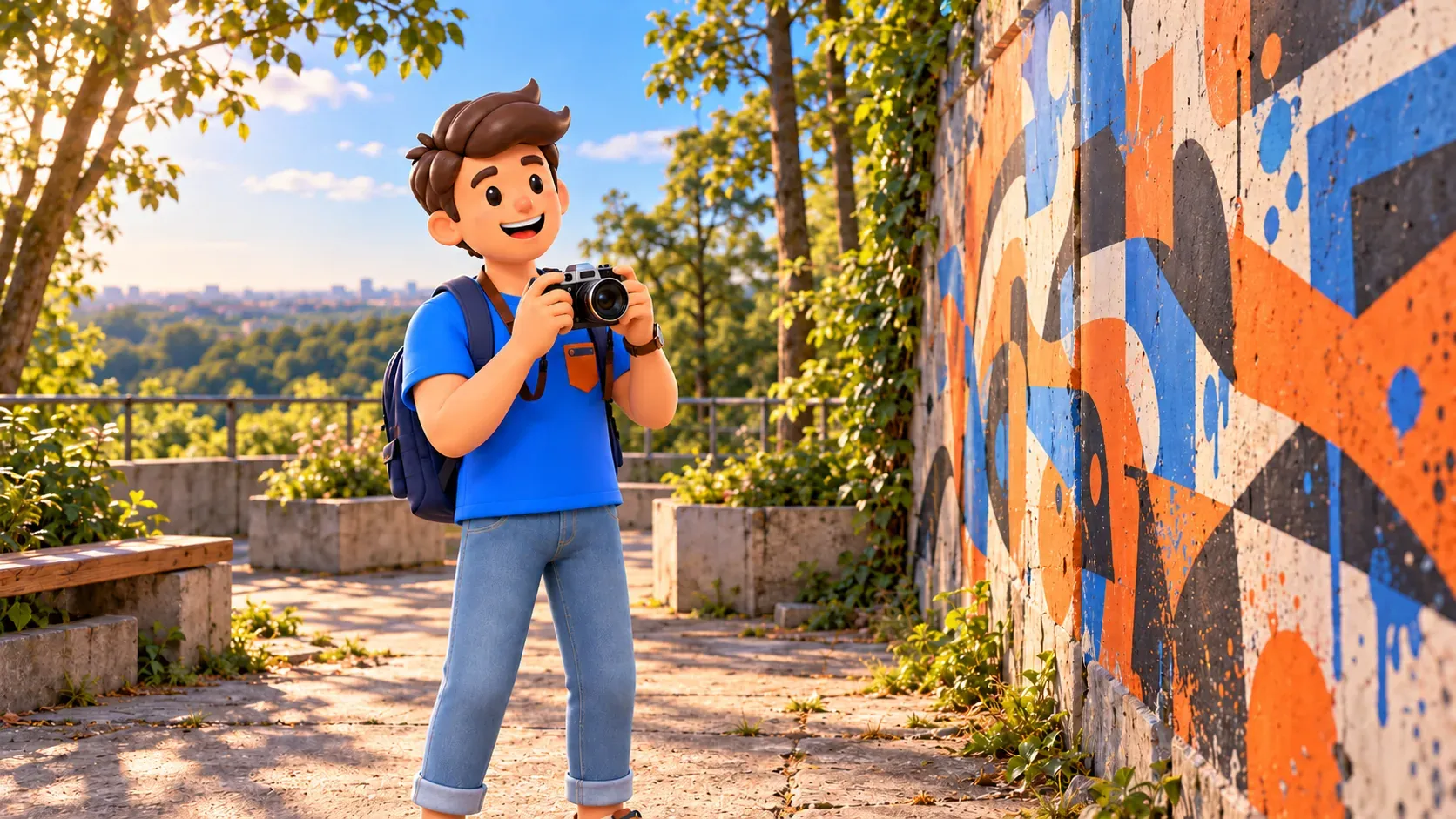 Ilustración de un viajero con cámara observando un mural abstracto imaginario.