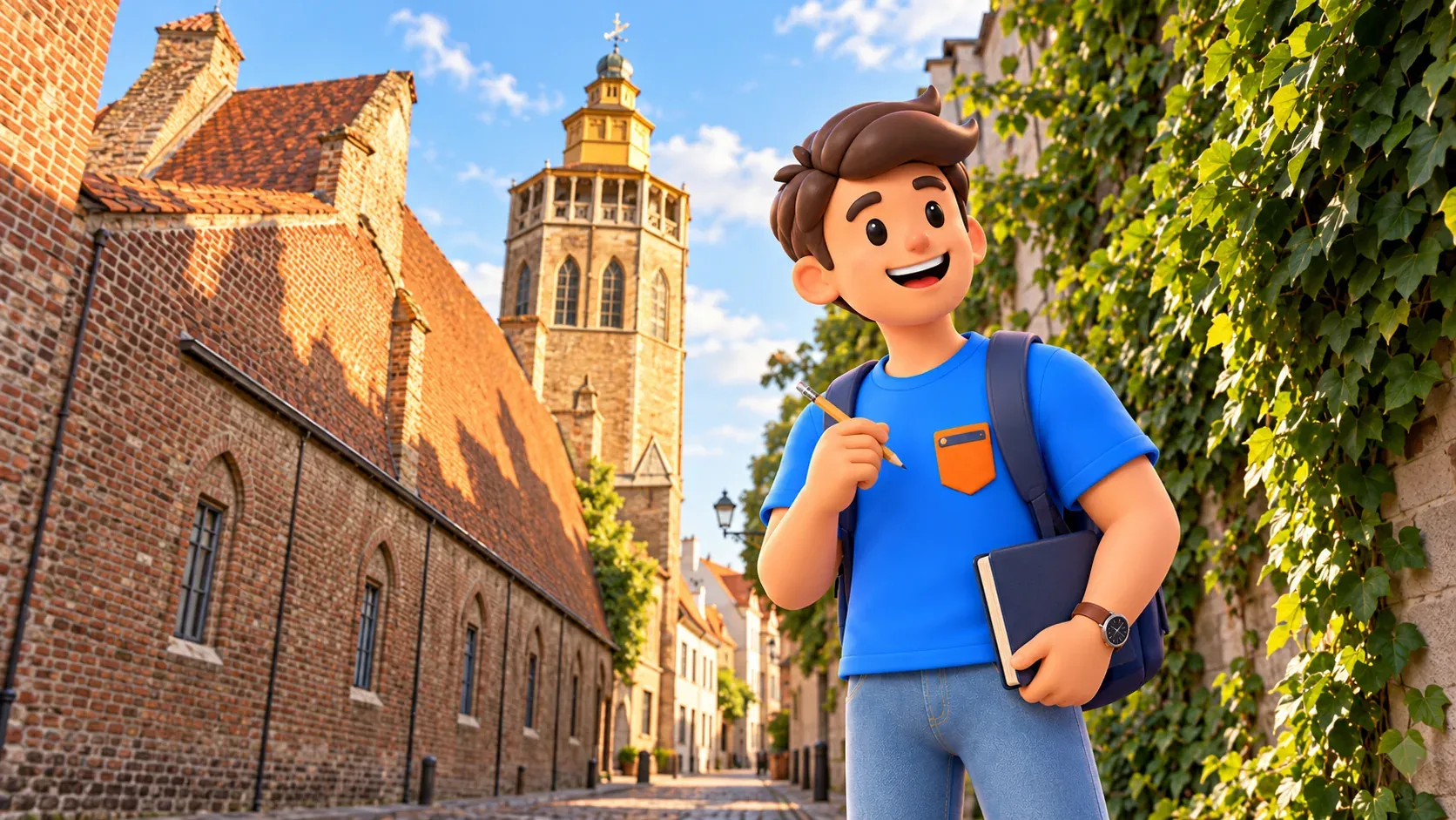 Personnage avec crayon et carnet devant la chapelle de Jérusalem depuis la rue publique