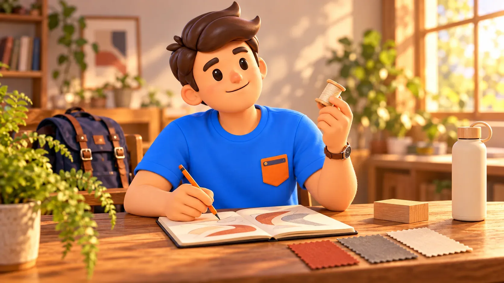 Ilustración de un viajero en su mesa con bobina de hilo, lápiz, muestras de tela y un dibujo abstracto.