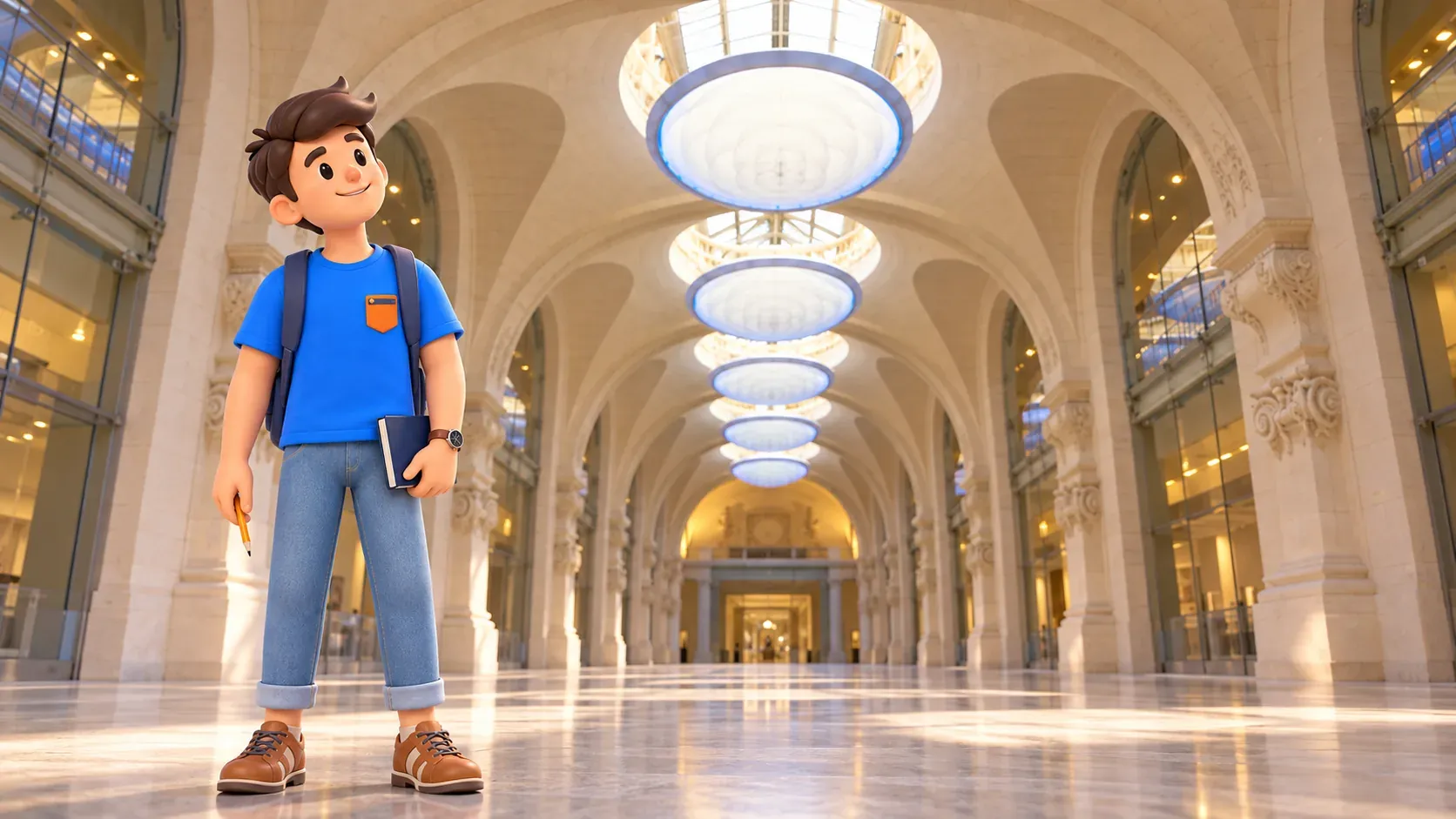 Un viajero con un cuaderno cerrado contempla las bóvedas de piedra de una nave de museo.