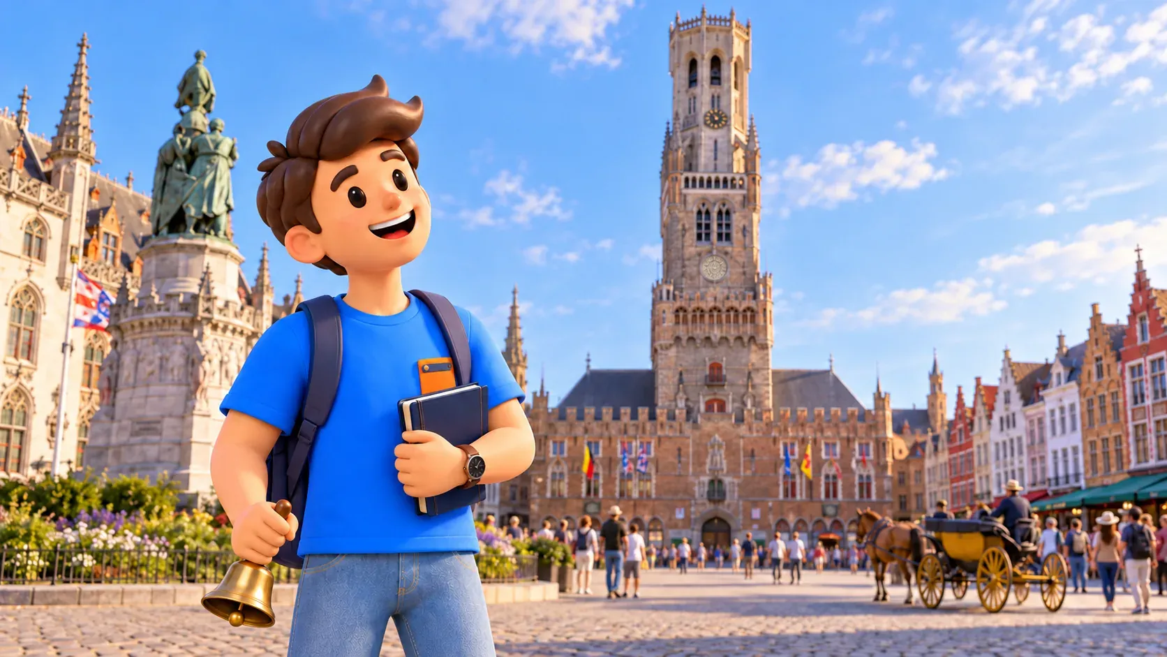 Personaje con campanilla y cuaderno ante el Campanario cívico