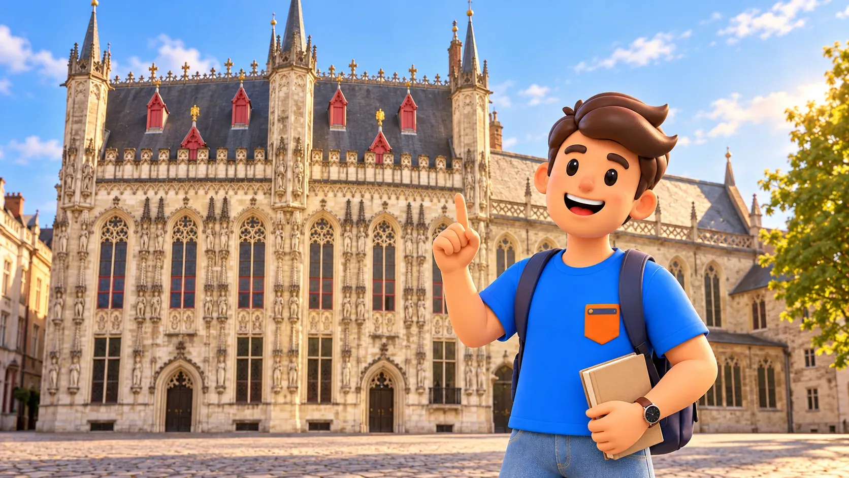 Personaje con libro mirando la fachada gótica del Ayuntamiento en el Burg