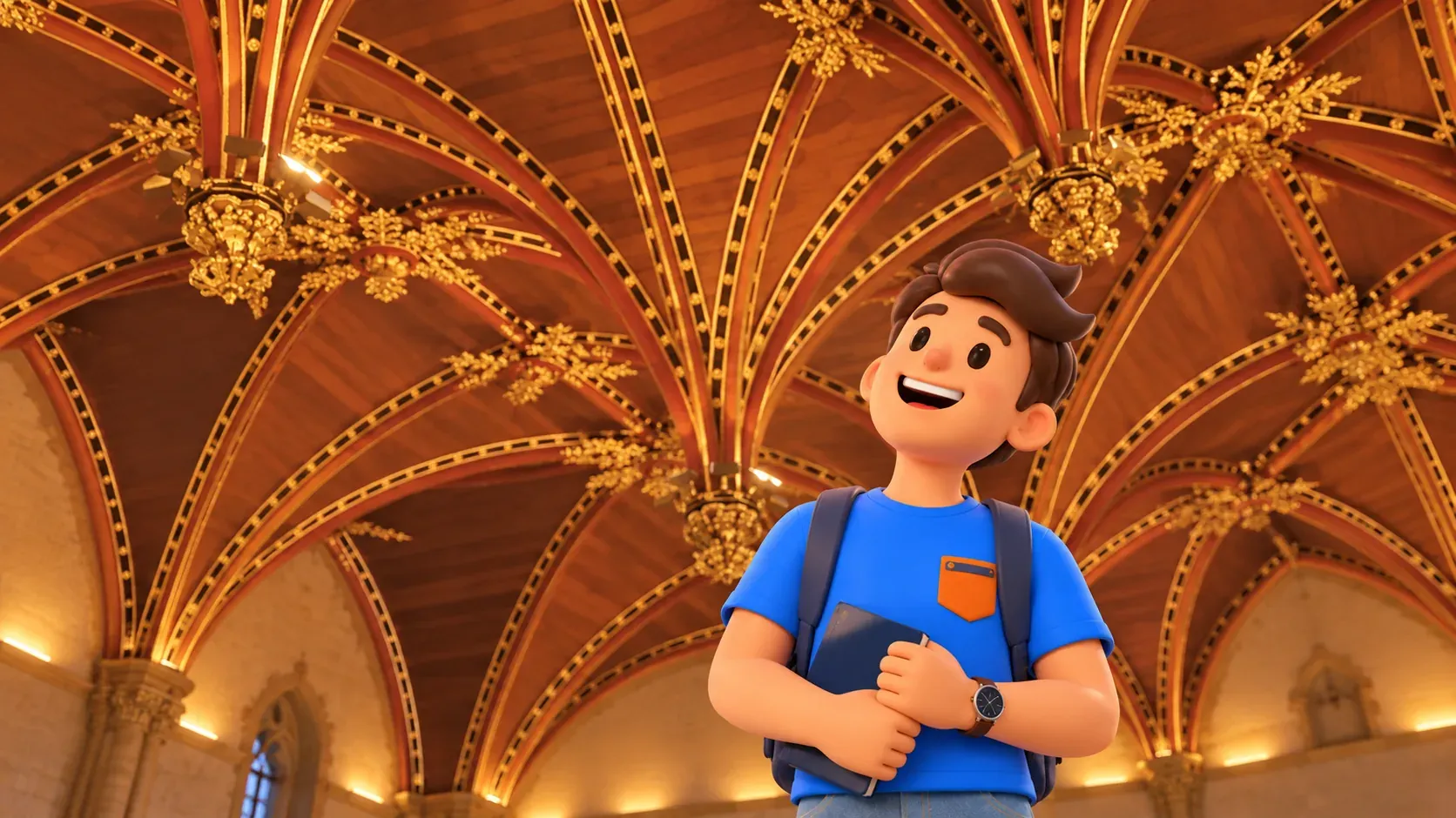 Personaje mirando la bóveda de madera con nervios dorados de la Sala Gótica