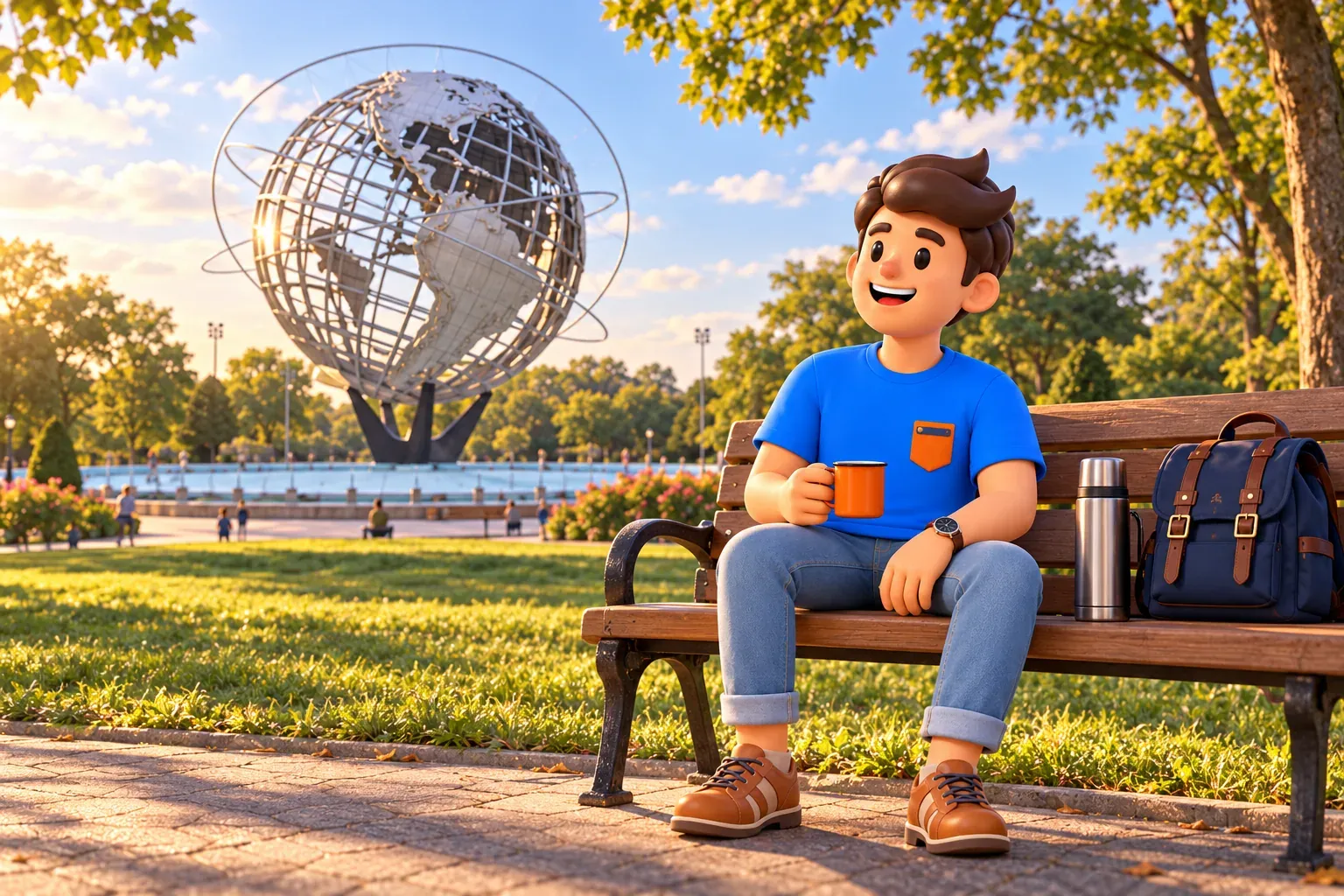 Ilustración de un viajero con su taza y termo en un banco ante la Unisphere estilizada.
