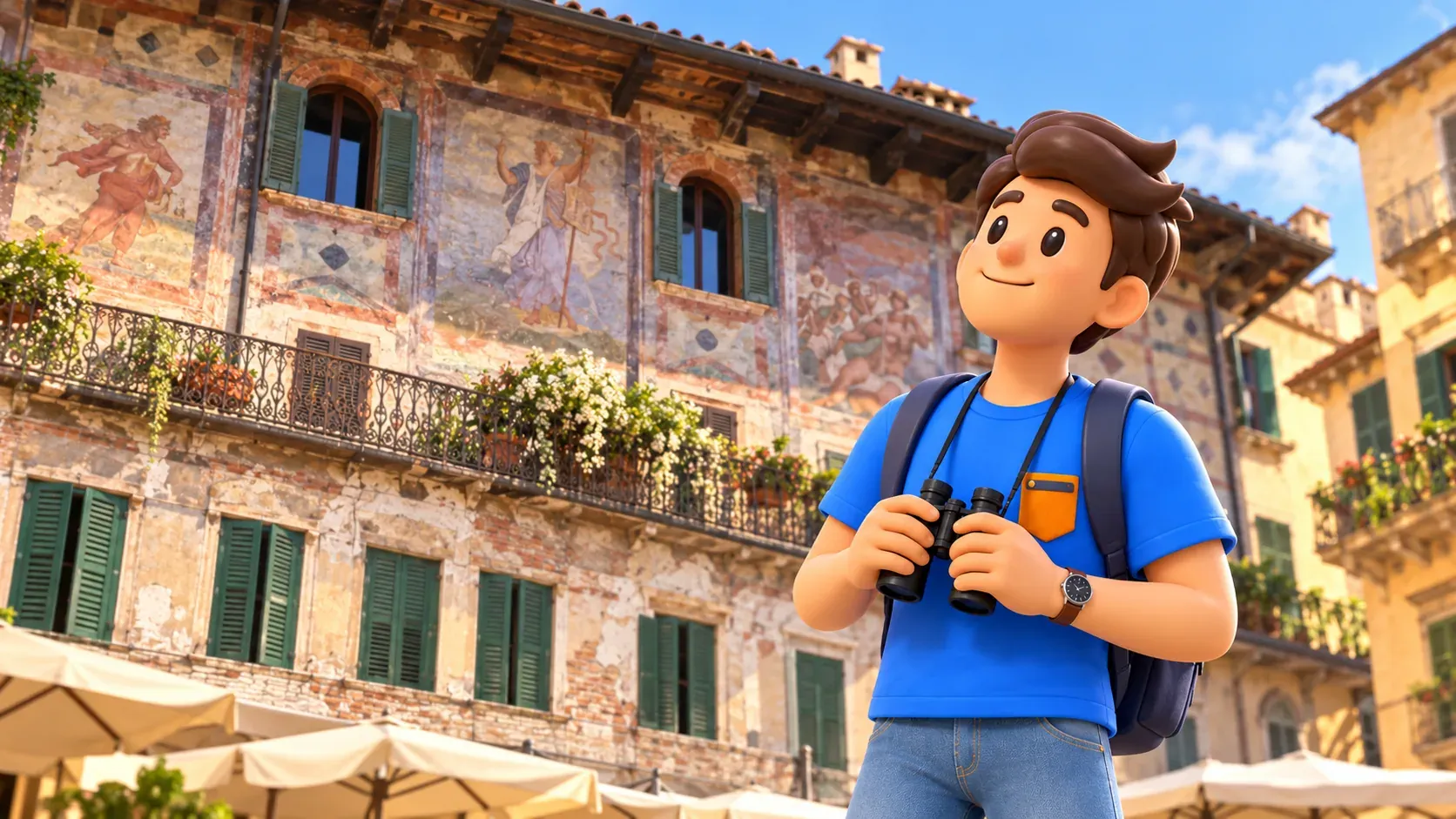 RoadMe character holding binoculars and looking at the upper painted Mazzanti façade