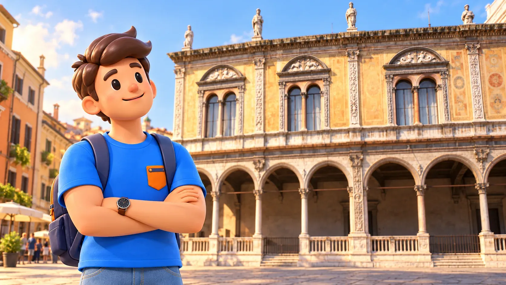 RoadMe character observing the decoration and windows of the Loggia del Consiglio