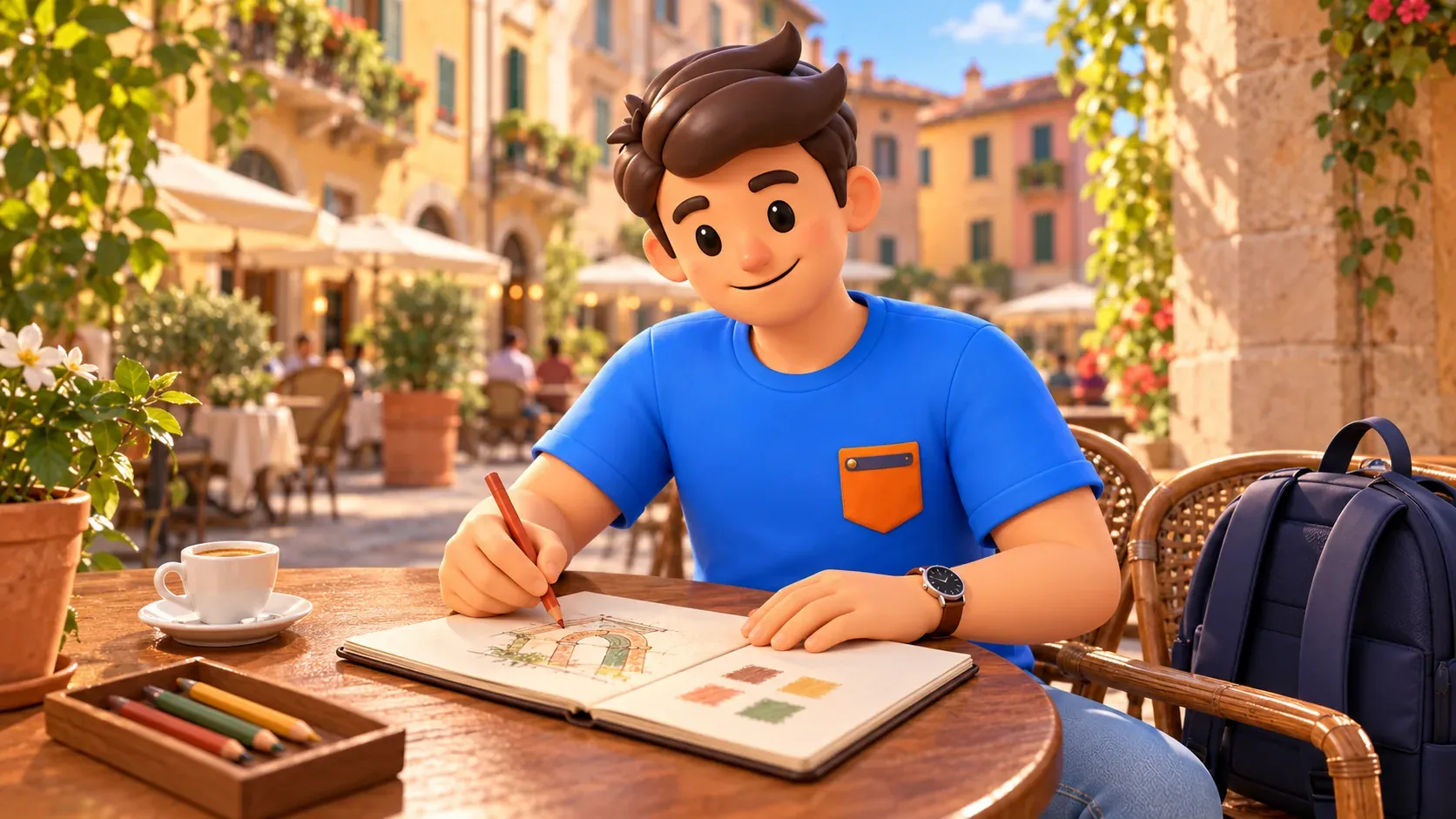 RoadMe character sketching a window with a coloured pencil at a café table