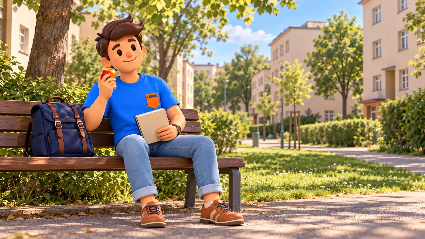 Illustration d’un voyageur avec pomme et carnet sur un banc entre arbres et logements.