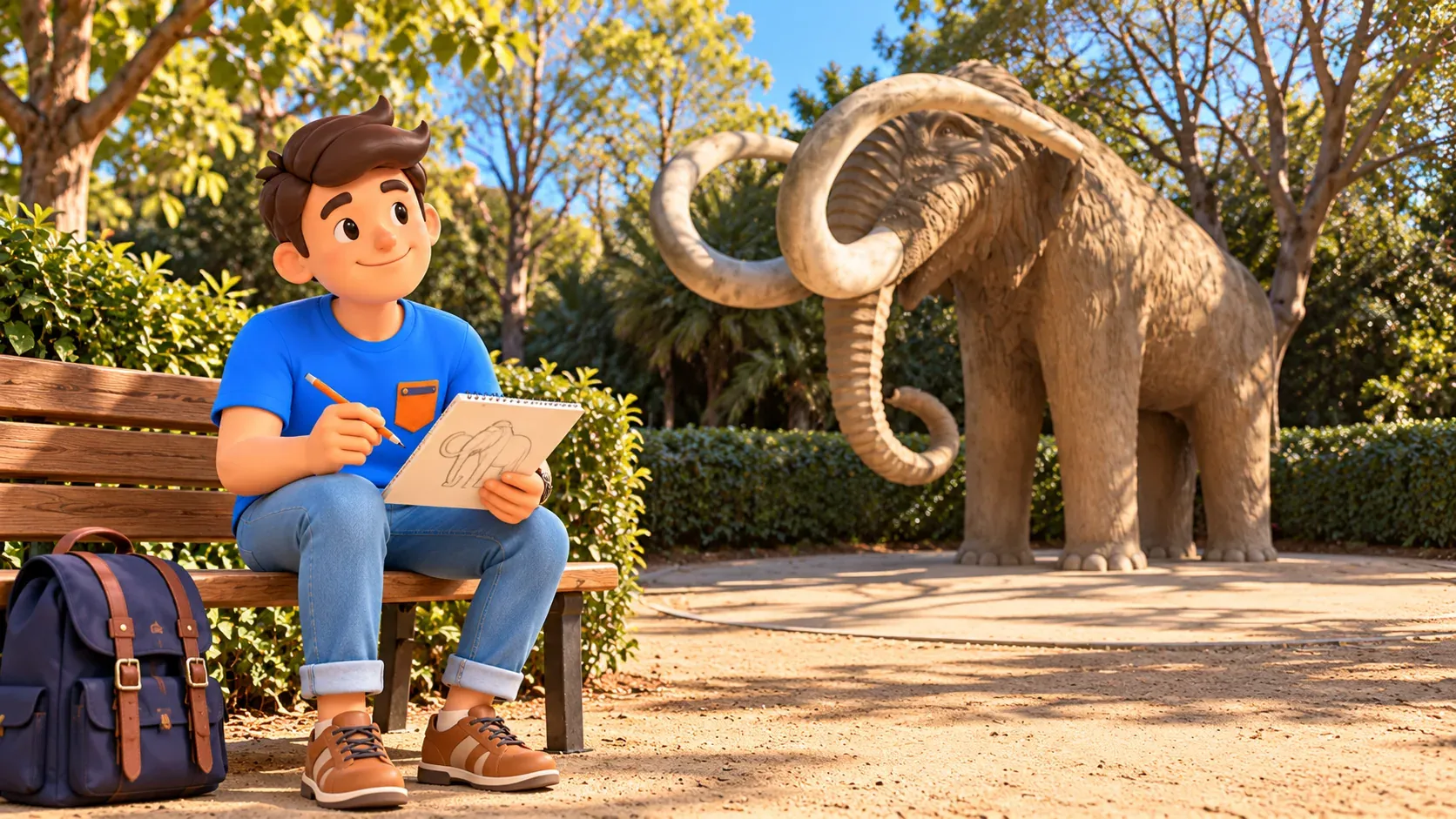 Ilustración de un viajero dibujando el mamut desde un banco separado, con la mochila quitada.