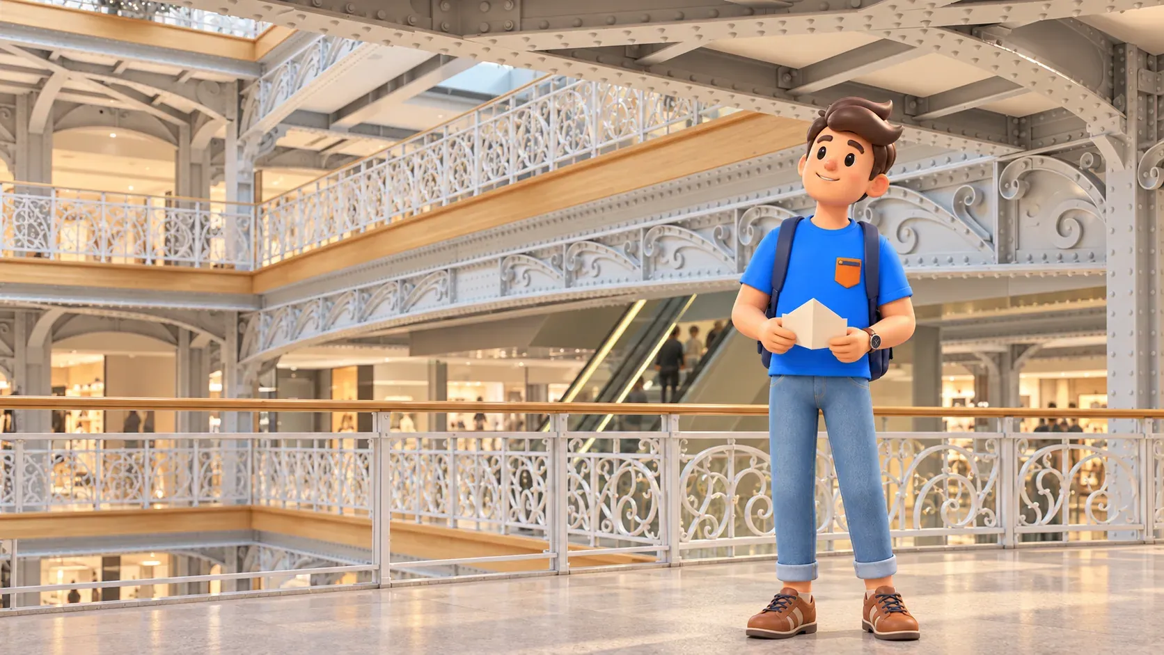 Un voyageur tenant une maquette en papier observe les poutres métalliques blanches à la Samaritaine.