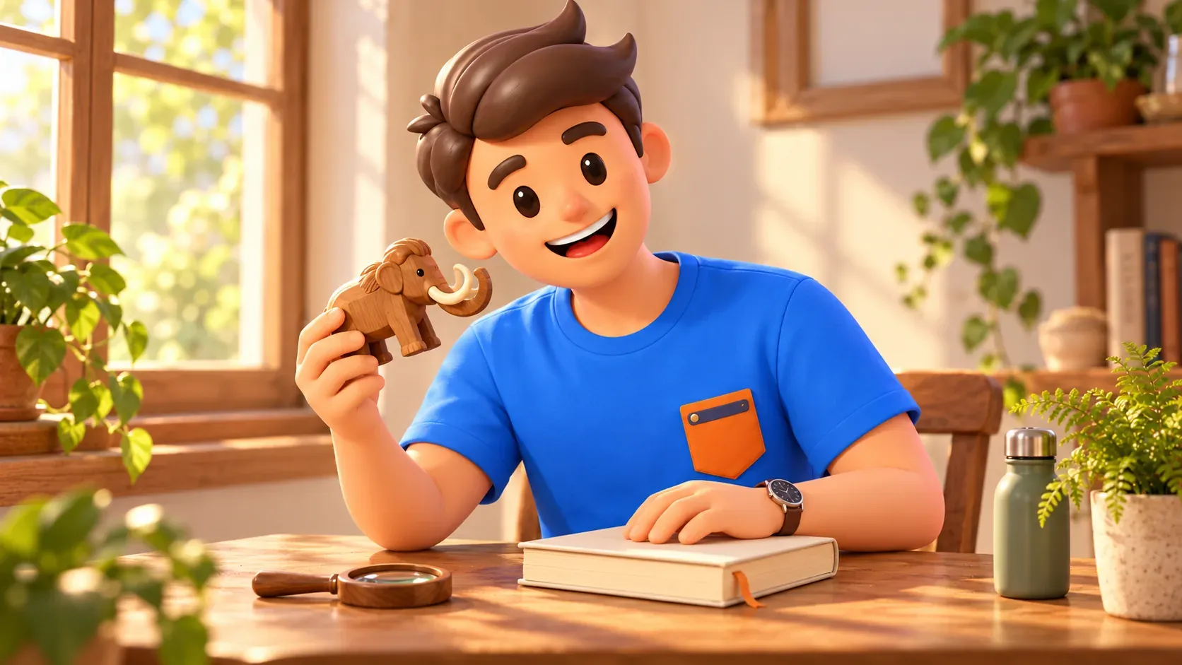 Ilustración de un viajero con una pequeña figura de mamut de madera en su mesa junto a un libro.