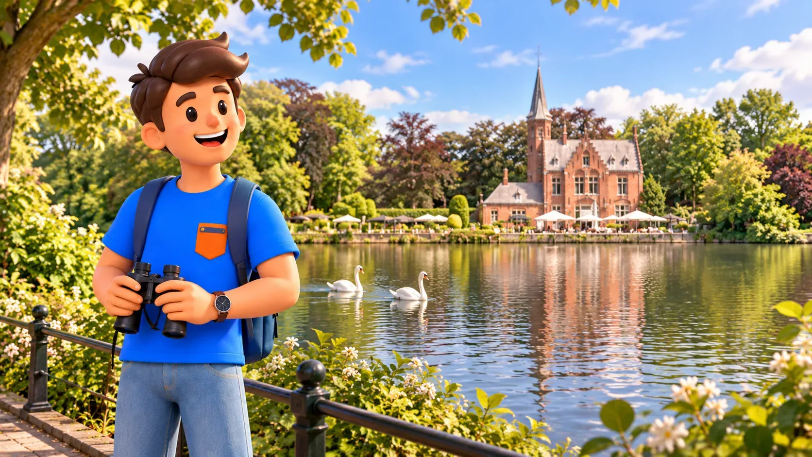 Character holding lowered binoculars watching two swans on Minnewater