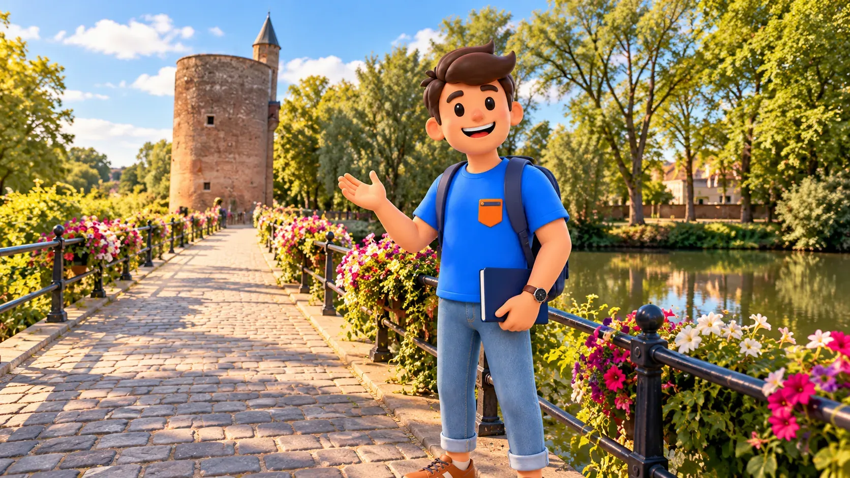 Character with a notebook on Minnewater Bridge with the Powder Tower behind