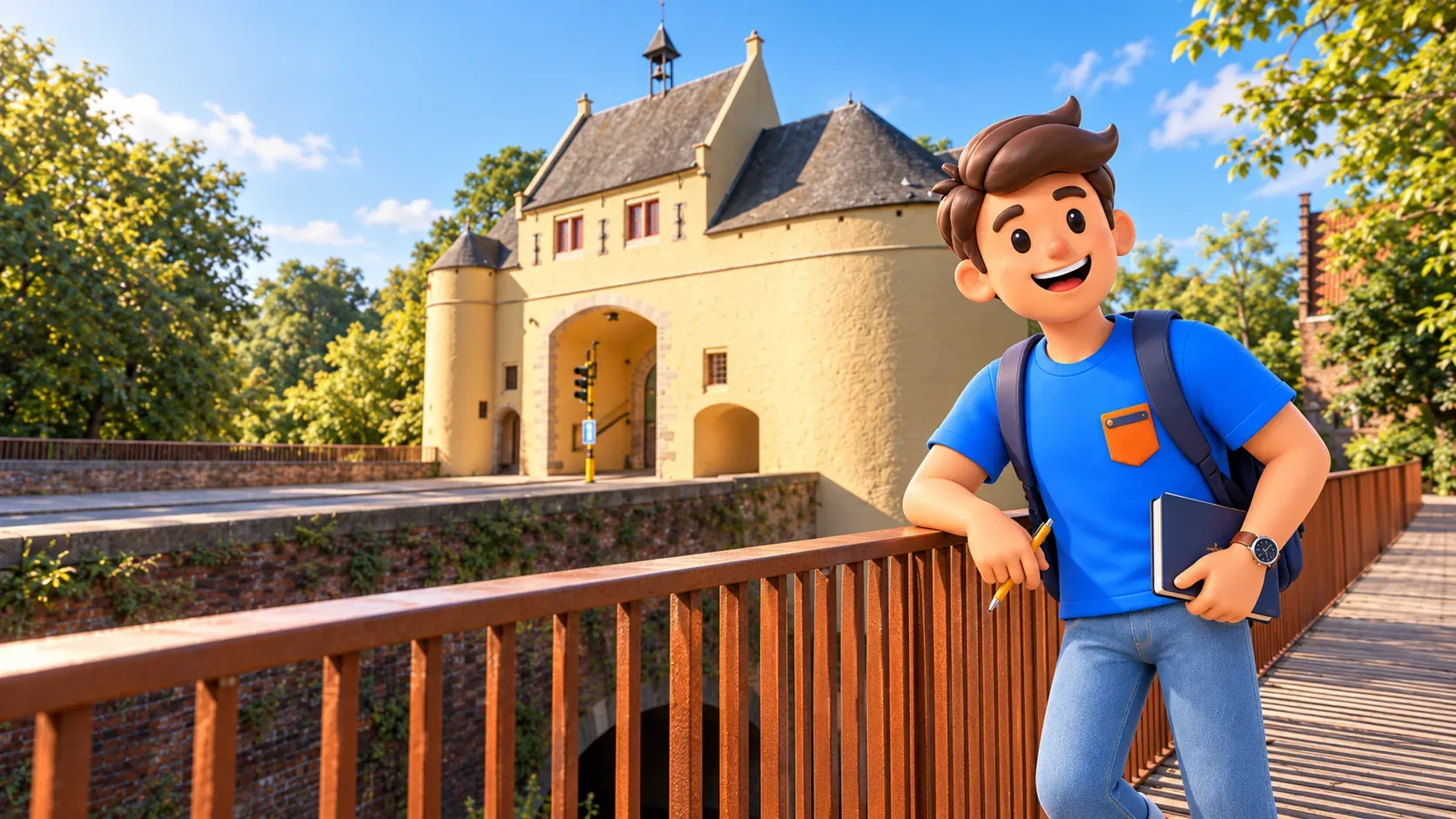 Character with pencil and notebook on the pedestrian bridge beside the Blacksmith’s Gate