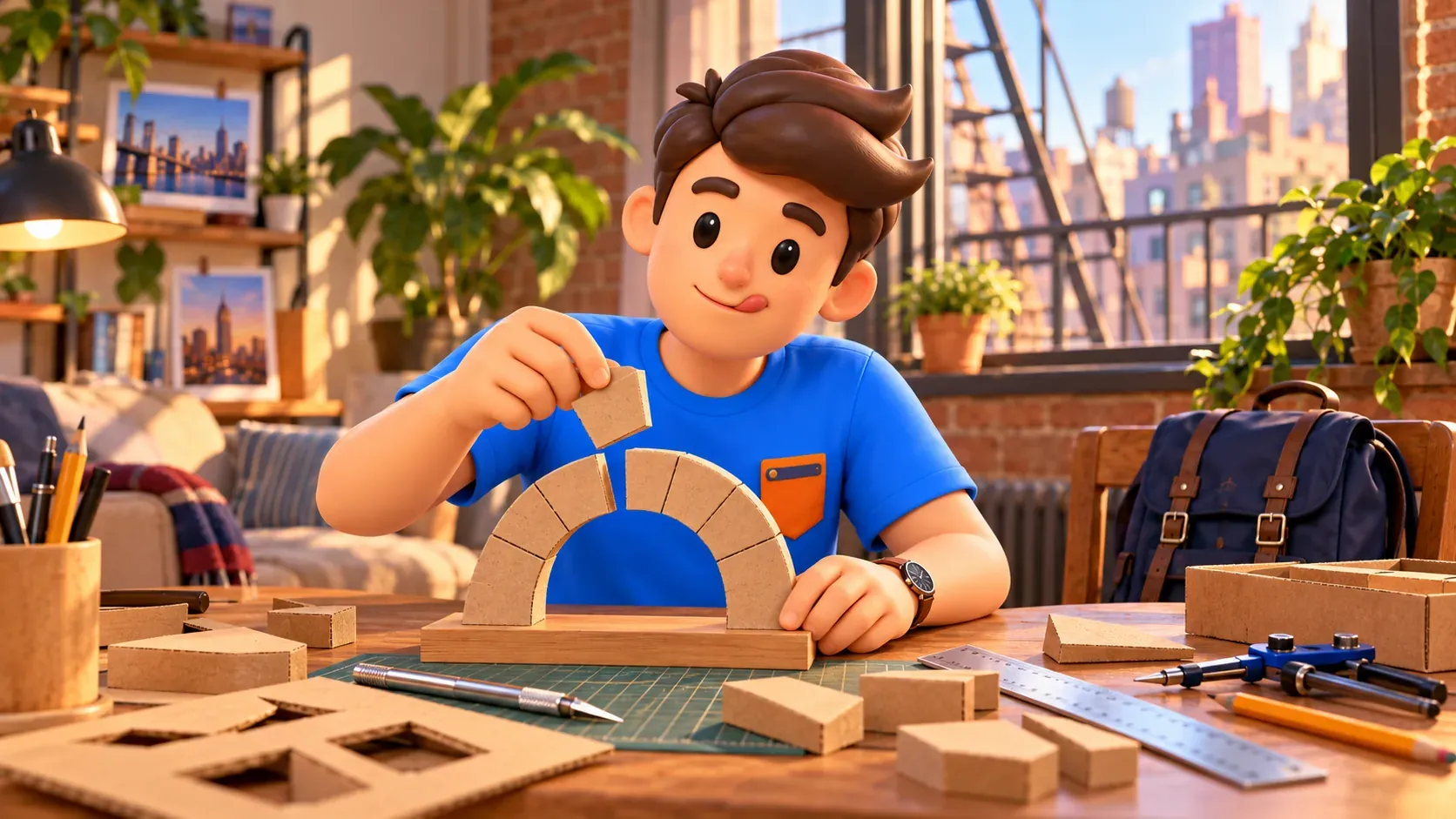 Ilustración conceptual de un viajero montando su arco de cartón en casa, no un monumento del museo.