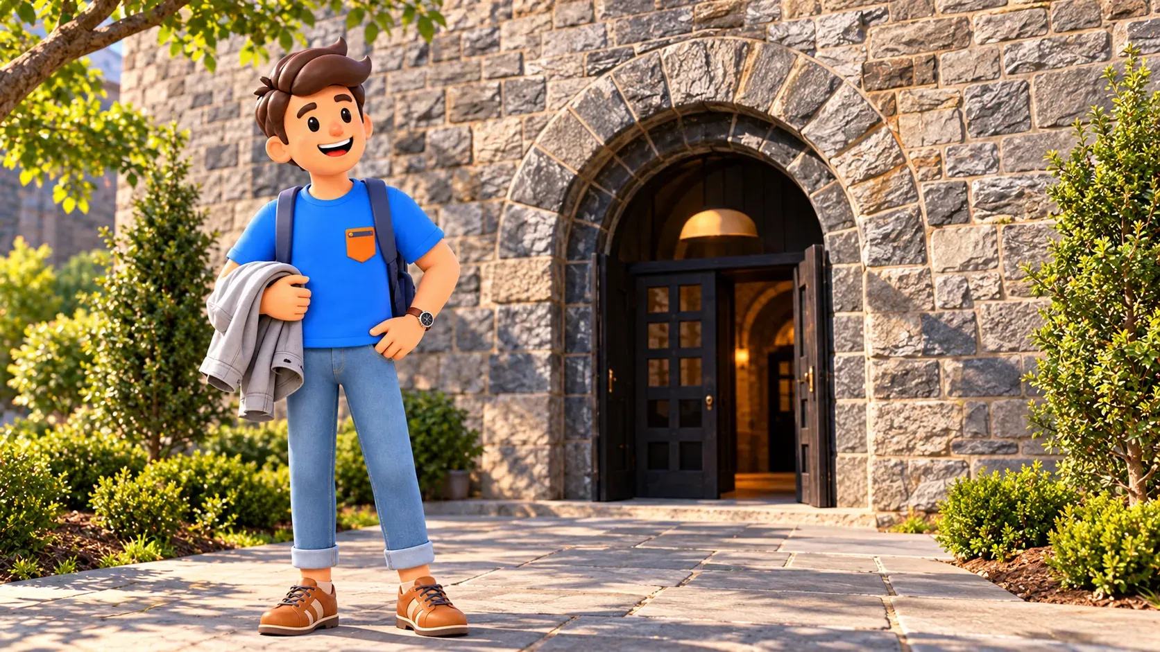 Ilustración de un viajero con su chaqueta doblada ante el arco de entrada de The Cloisters.