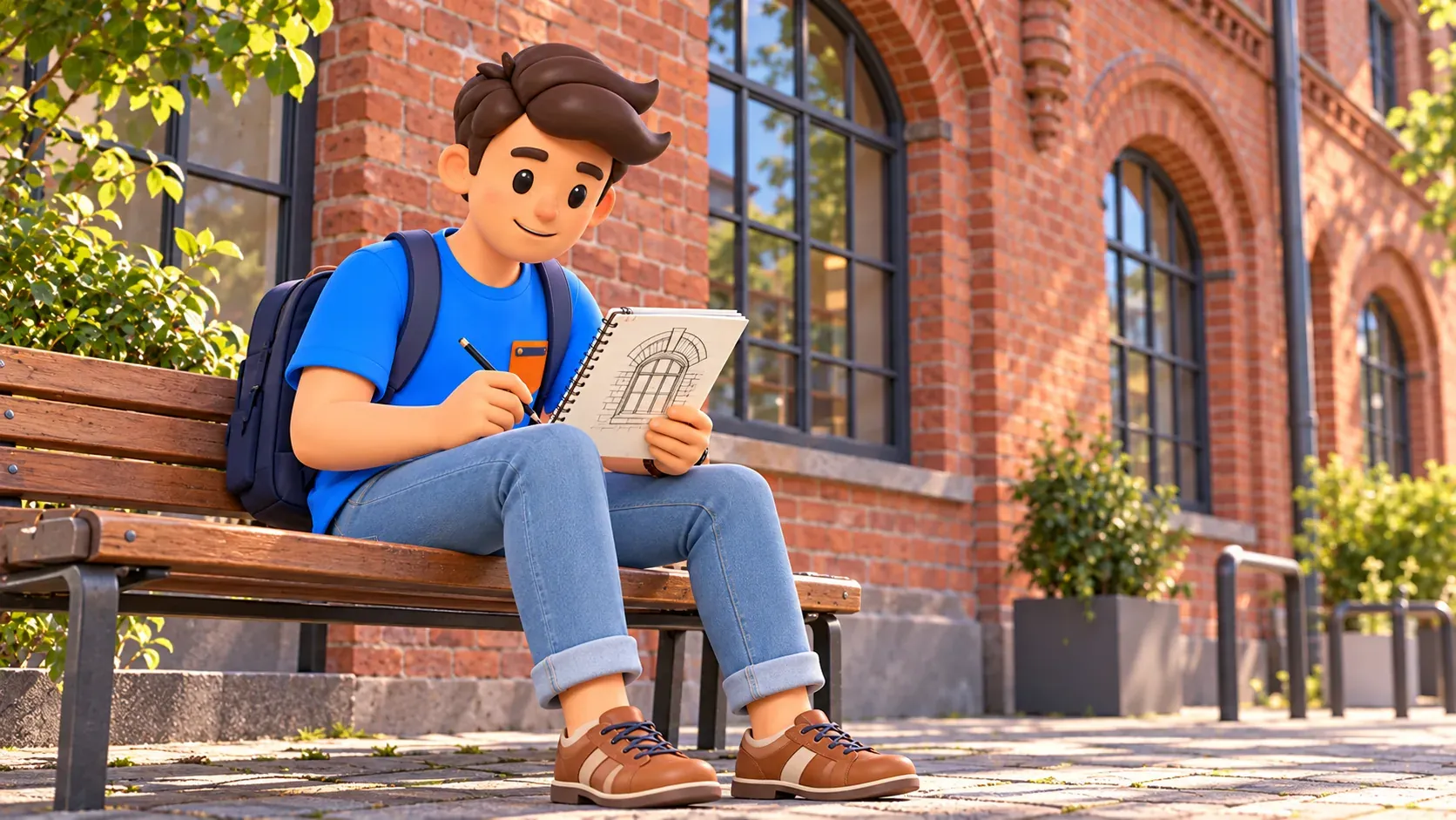 Illustration d’un voyageur dessinant une fenêtre cintrée sur une façade industrielle en brique.