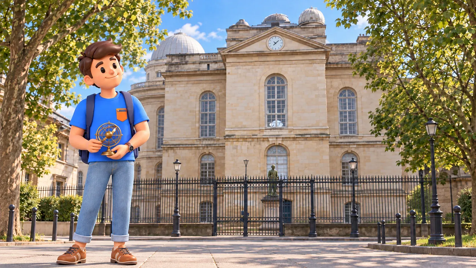 A traveller holding a small armillary sphere looks at the Paris Observatory from outside its fence.