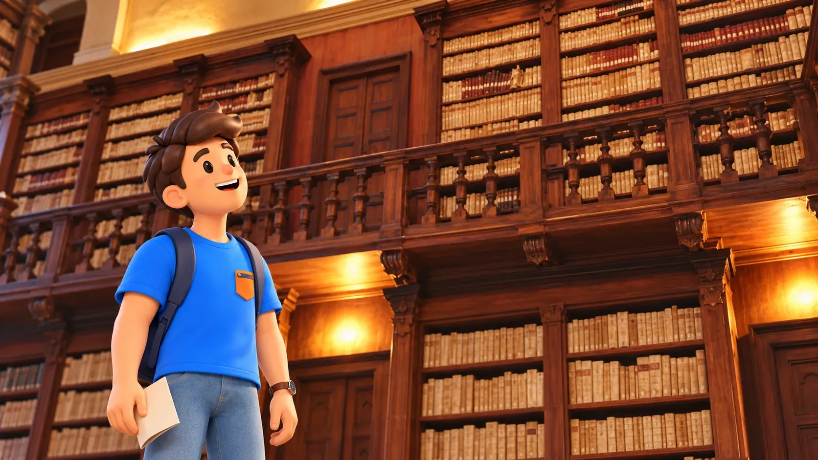 Ilustración del personaje ante las estanterías de madera de la Biblioteca Capitolare