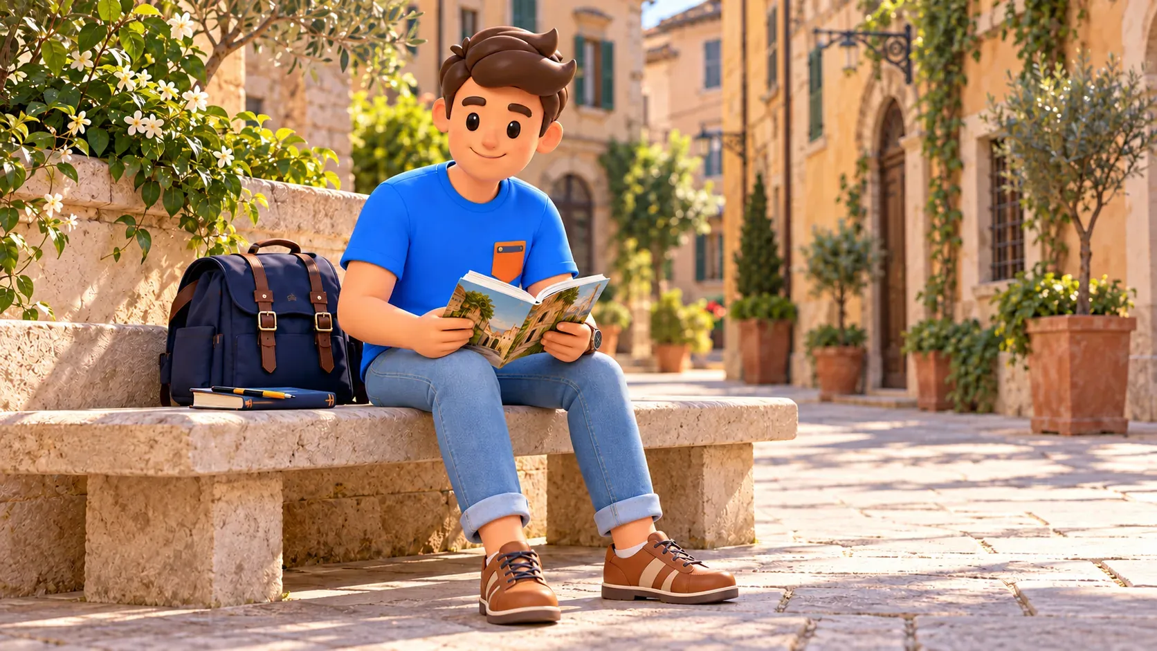 Ilustración de una pausa con un libro propio en un banco del casco antiguo