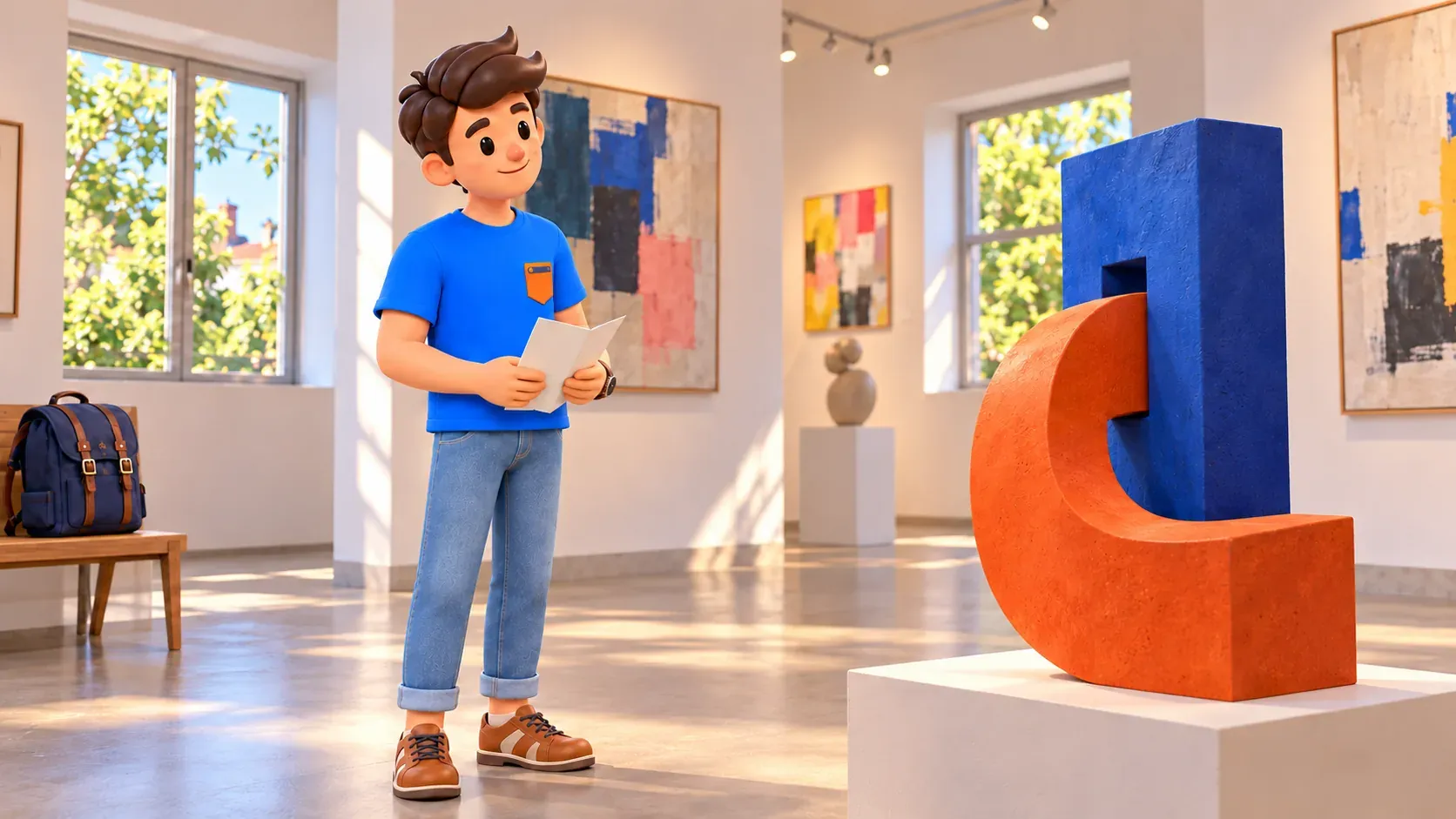 Ilustración de un viajero observando una escultura geométrica imaginaria en una sala inventada.
