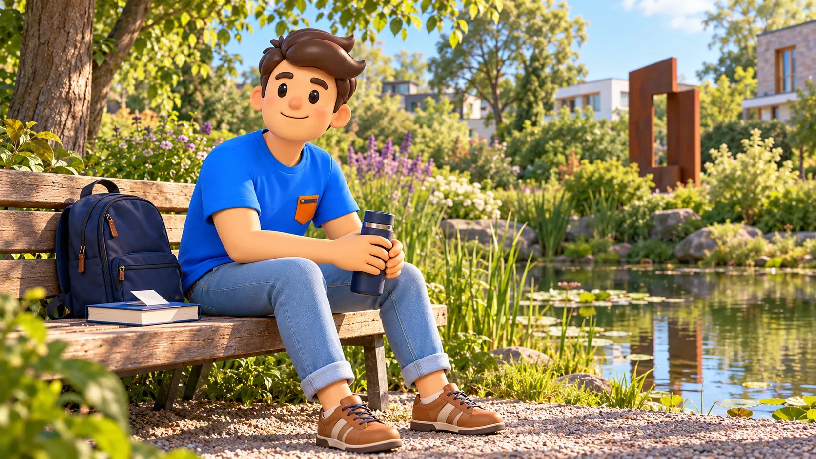 Ilustración de un viajero con termo en un jardín imaginario junto a un pequeño estanque.