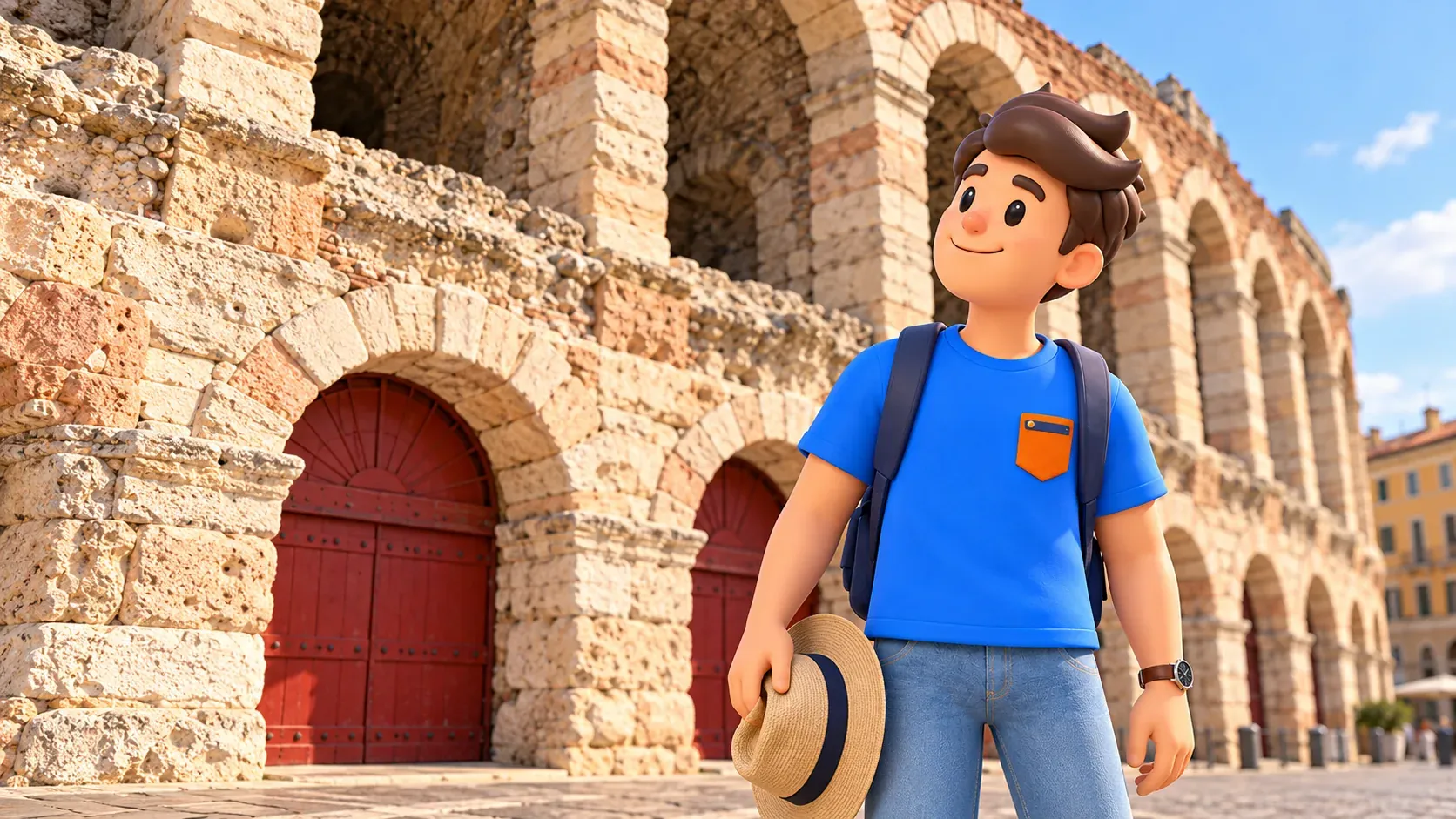 Illustration of the character holding a hat and observing the Verona Arena's stone arches