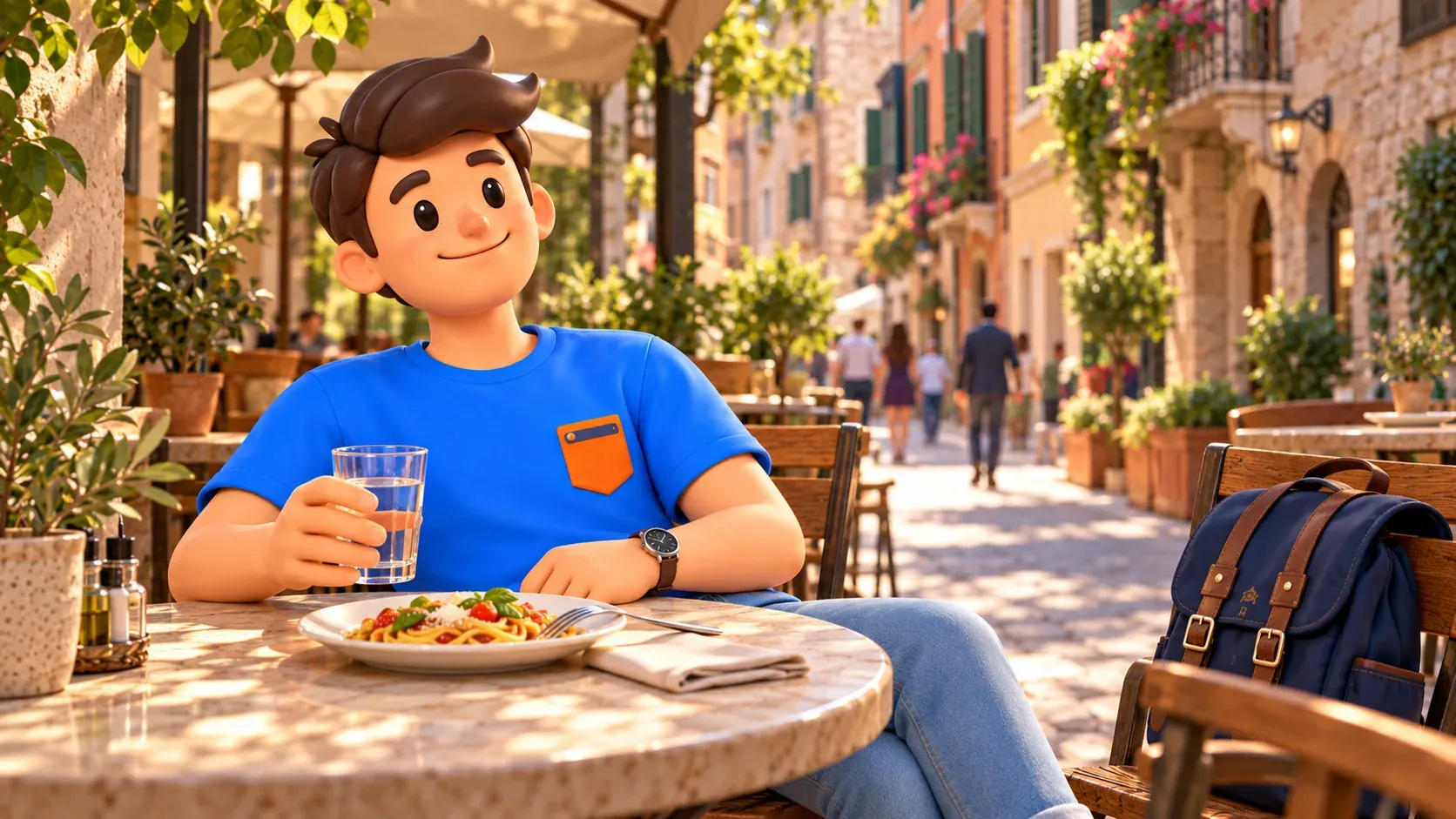 Illustration of a relaxed seated lunch break at a shaded Verona cafe
