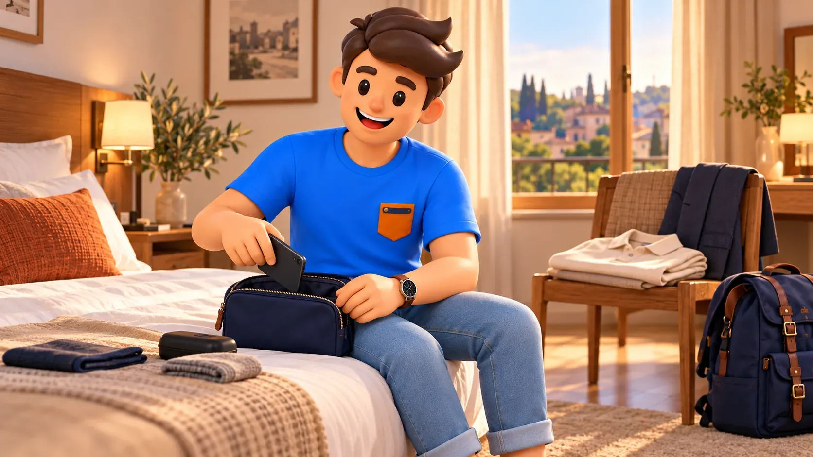 Illustration of a traveller preparing a small evening bag and leaving the day backpack behind