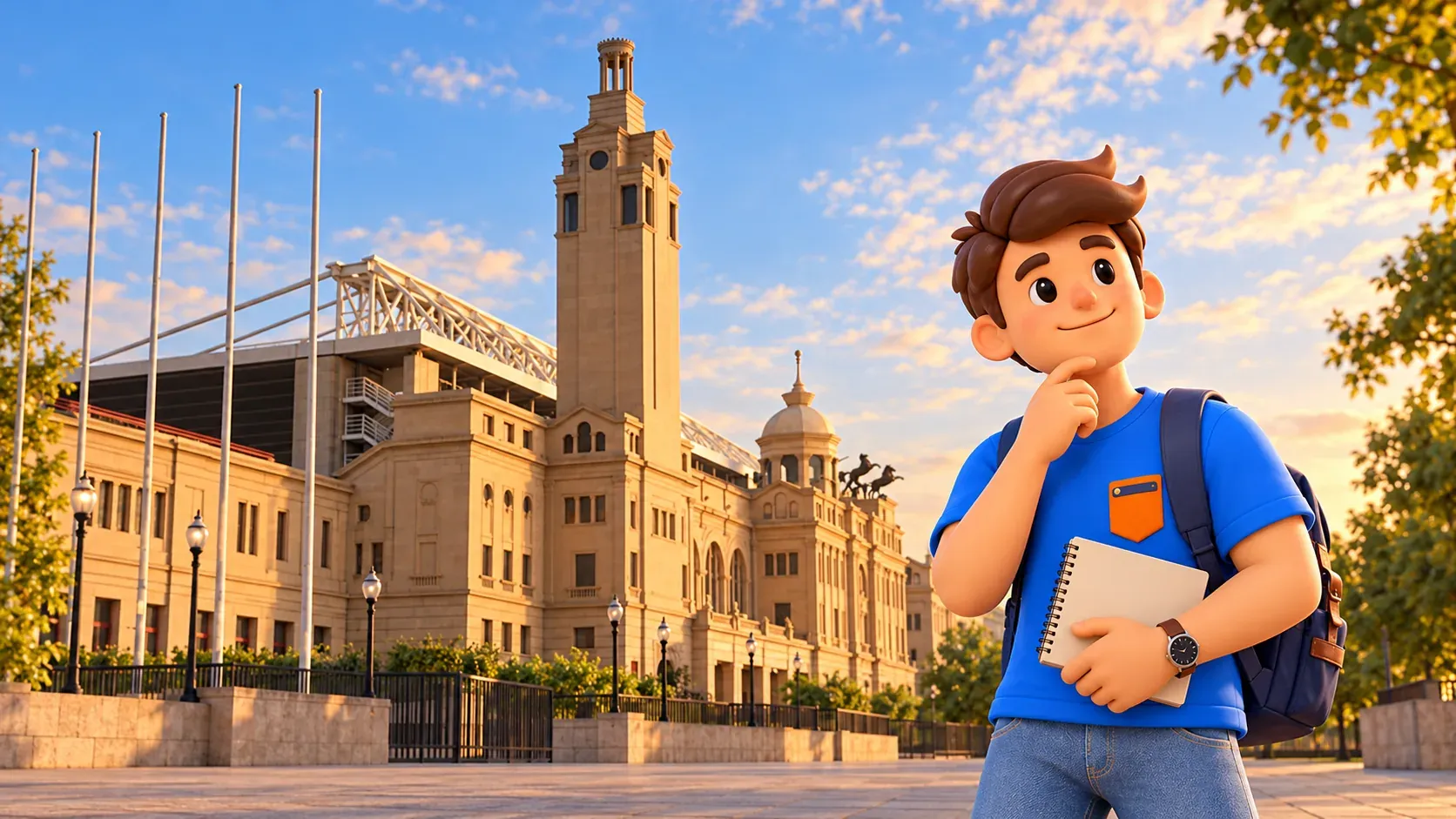 Viajero con cuaderno ante la fachada histórica y la torre rectangular alta del Estadio Olímpico.