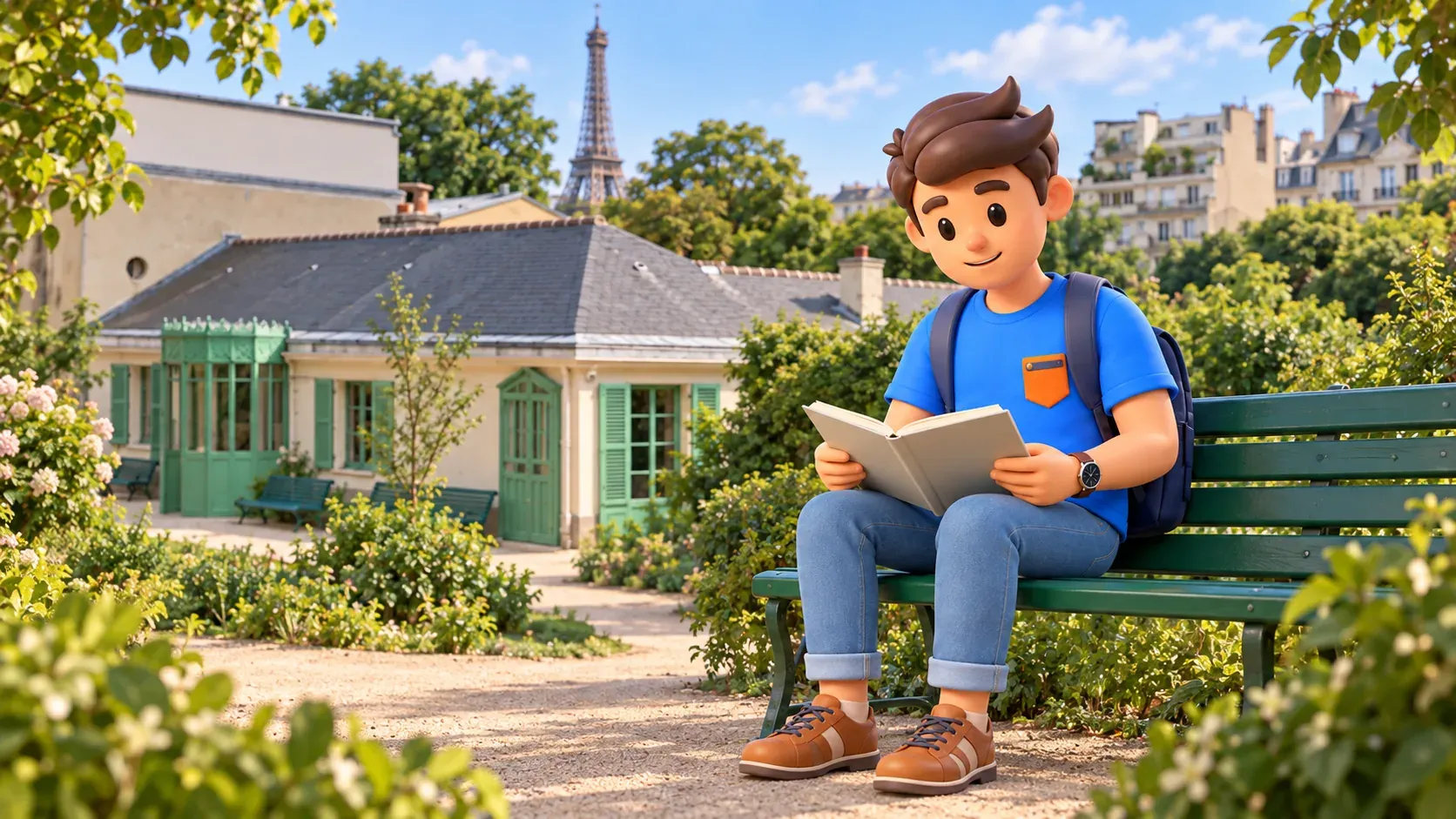 Un voyageur lit son livre sur un banc vert dans le jardin de la Maison de Balzac