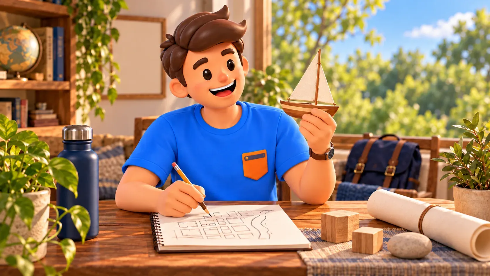 Viajero en su mesa con un velero de juguete y su dibujo esquemático de manzanas y una línea de agua.
