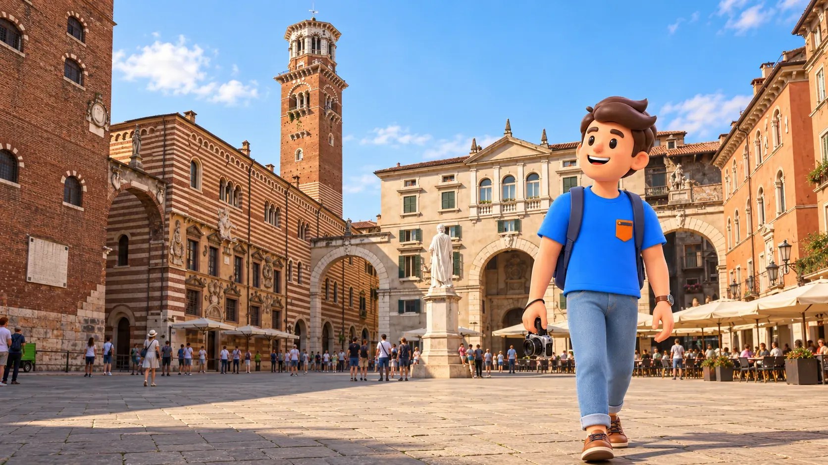 Ilustración de un paseo por Piazza dei Signori con palacios y la torre de los Lamberti