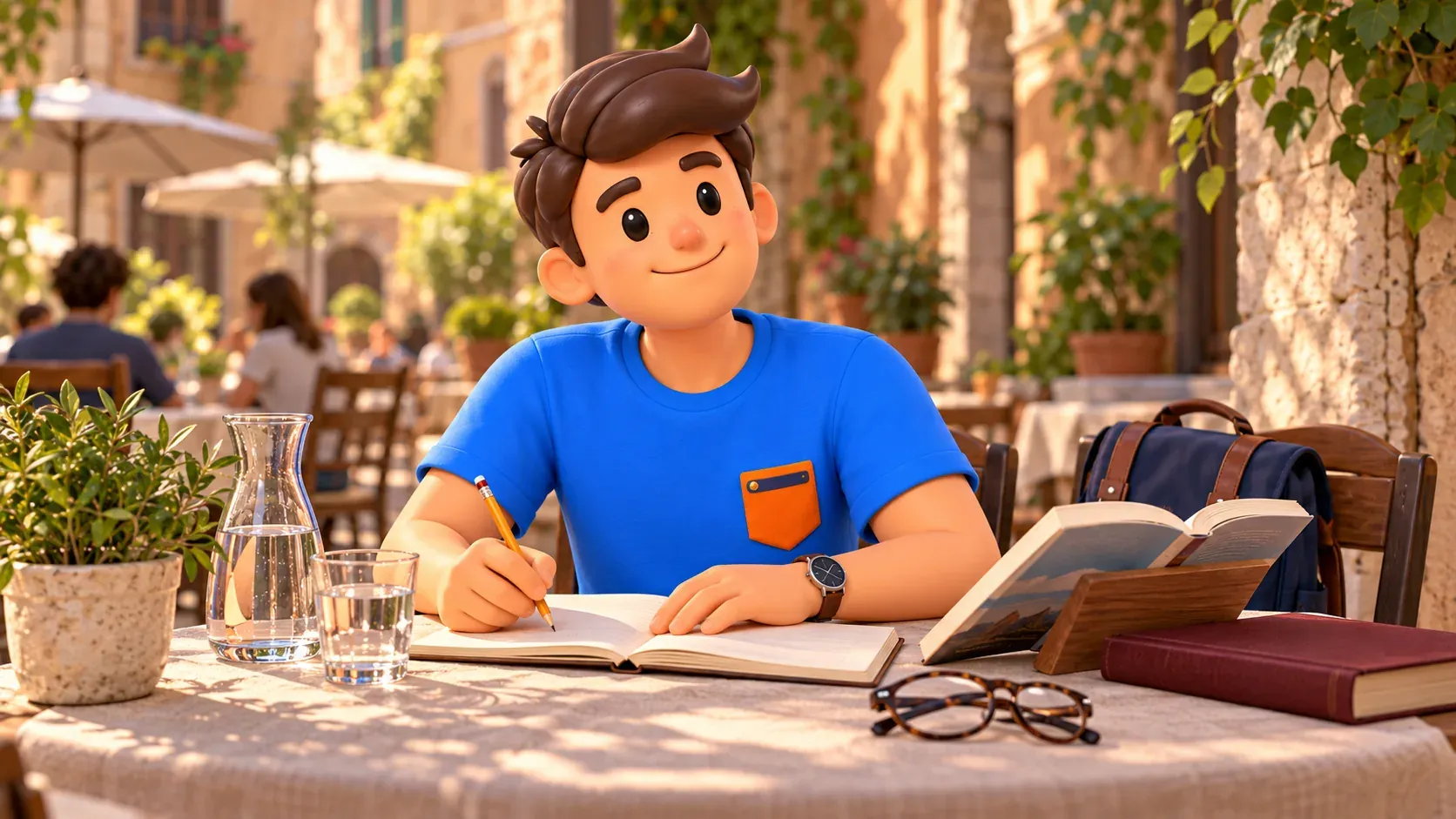 Ilustración de una pausa de lectura con un libro propio y notas en una cafetería